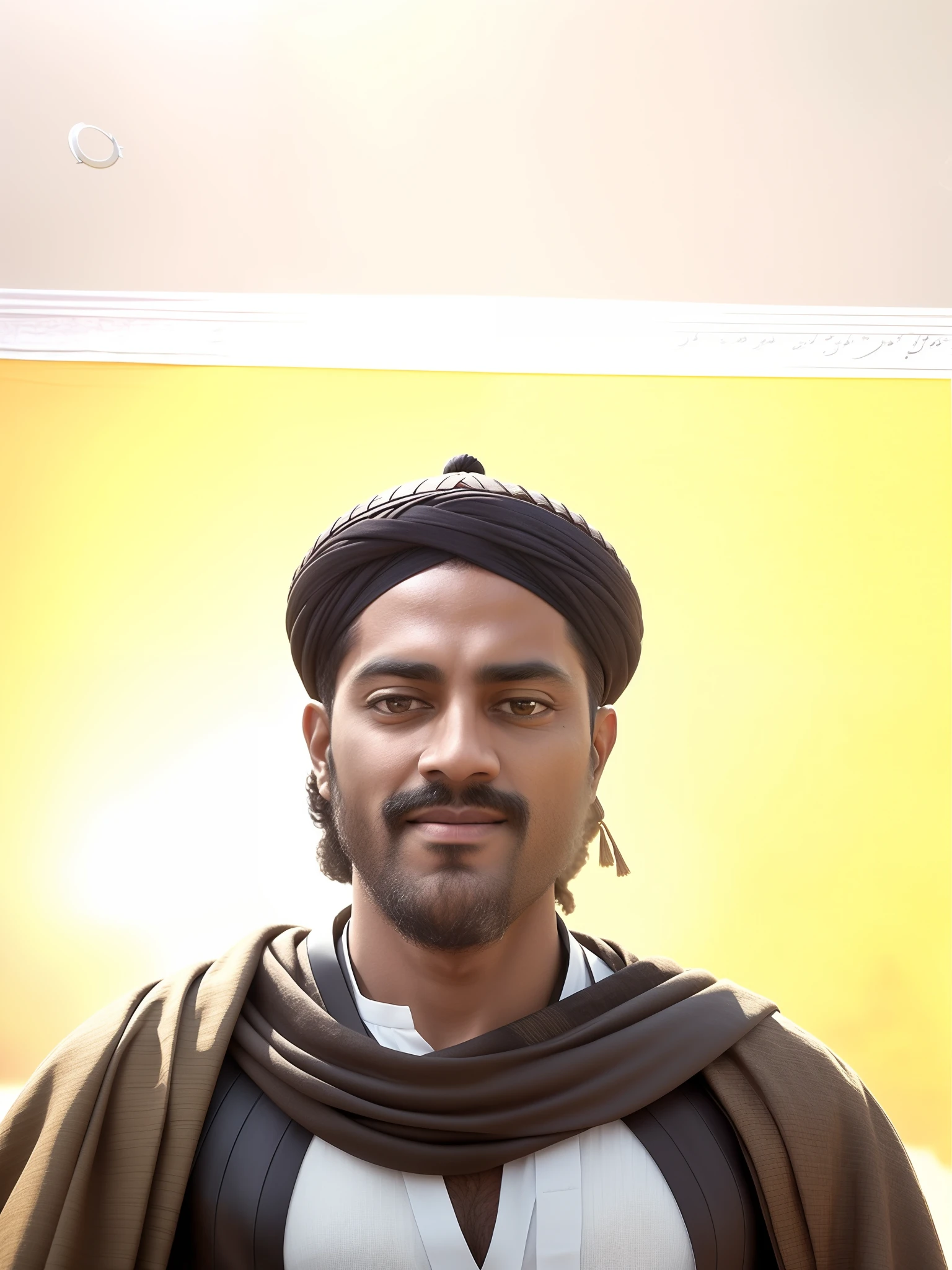 Create a vivid image of Khalid bin Waleed, the esteemed Arabian warrior and military strategist. His appearance is a tapestry of strength, wisdom, and deep-rooted Arab heritage. Facial Features: Portray Khalid's countenance with rugged handsomeness, featuring a prominent jawline, chiseled cheekbones, and eyes of intense brown that reflect both determination and profound insight. Complexion: Render his skin in a warm, sun-kissed olive tone, a testament to his Arabian lineage and life in the desert. Accentuate the lines etched on his face from years of leadership, adding depth to his distinguished visage. Clothing and Attire: Dress Khalid in flowing robes of earth-toned fabrics, adorned with intricate embroidery that narrates tales of battles and triumphs. Capture the regal elegance of his attire, reflective of his identity. Style and Accessories: Include the traditional Arabian accessories that complete Khalid's appearance. A finely woven keffiyeh graces his head, secured with a black agal, and a leather belt holds a scabbard housing his prized sword. Presence and Bearing: Portray Khalid's commanding demeanor, showcasing his natural authority and confidence. His erect posture and deliberate movements underscore his role as a leader. Symbolism and Spirit: Convey the deep significance of Khalid's appearance—his profound connection to Arabian heritage, unwavering commitment to Islam, and status as a revered historical figure. His attire, features, and bearing collectively embody his authenticity, battlefield valor, and strategic wisdom. Immerse the viewer in the essence of Khalid bin Waleed, celebrating his legacy while respecting his historical significance and cultural identity.