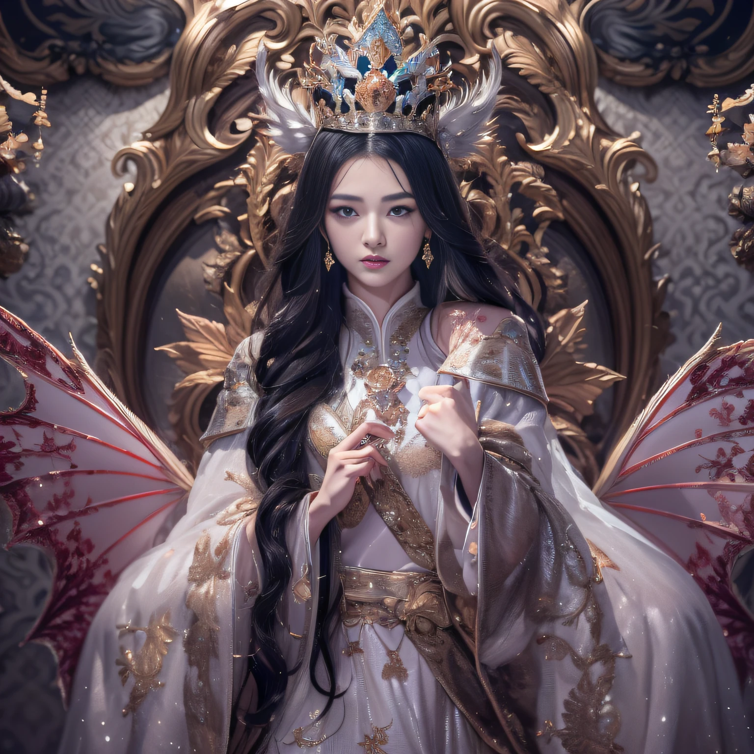 32K（tmasterpiece，k hd，hyper HD，32K）Long flowing black hair，Jewelry quarter in the back room，Brunette king girl ，Silver Dragon Protector （realisticlying：1.4），Python pattern robe，Purple-pink tiara，Snowflakes fluttering，The background is pure，Hold your head high，Be proud，The nostrils look at people， A high resolution， the detail， RAW photogr， Sharp Re， Nikon D850 Film Stock Photo by Jefferies Lee 4 Kodak Portra 400 Camera F1.6 shots, Rich colors, ultra-realistic vivid textures, Dramatic lighting, Unreal Engine Art Station Trend, cinestir 800，Hold your head high，Be proud，The nostrils look at people