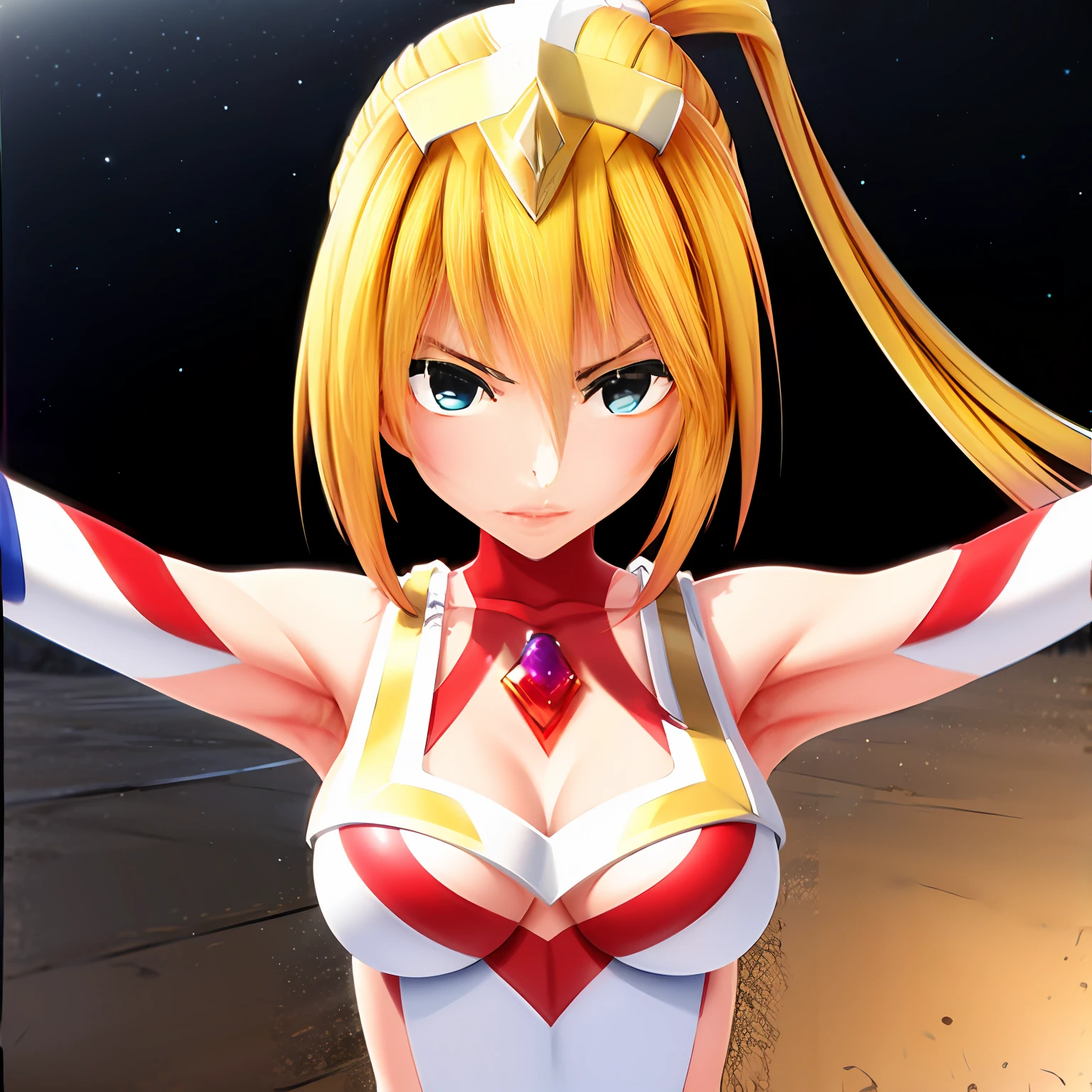 masterpiece, High quality, 1girl, Solo, breasts, gloves, Blonde_hair, hand armor, Medium_breasts, Blue_Eyes, White sclera elbow_gloves, cleavage, Ponytail, Fighting stance, Looking at Viewer, upper body, serious, concentrating, v-shaped eyebrows, DynaG, space in background, gem, red gem, close-up,