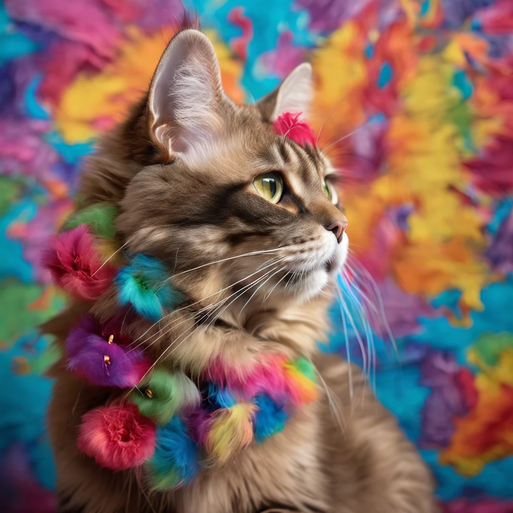 Spectacular Full body view of a super adorable and captivating rainbow colored fluffy bold flowery hipster Burmese cat surfing a wave in vibrant collage fashion, modeling retro flair against a polychromatic dreamscape. Posing with diamond ukulele, Textured fur, photorealistic 8K resolution, sharp focus, ultra quality, UHD, crystal clear, ((breathtakingly enchanting)), experimenting with bright colors, patterns, and textures, collage art, magazine cutouts, wearing Rose, Tulip, Orchids, Dahlia, Cherry blossom, Protea, Passion Flower, Anemone, Peony, Lily, Chrysanthemums, Lotus, Apple blossom, Lilac, Marigold, Gladioli and Daffodils and precious gemstones - rubies, sapphires and emeralds of bright colors on its head and neck, rainbow colored fluffy Burmese cat with headphones on its head, ((in bottom view)), dynamic extra long curly fur, glowing flowing curly fur, smiling face, big eyelashes, happy face, detailed features, vibing to music, cutest Burmese cat, in the clouds of vibrant colors, rainbow smoke trails, sweat drops, eye level, intricate details, warm colours, modeling photography, ((hyperrealistic)), wearing extraordinary extravagant fancy sunglasses, full body photography, beautiful joyful kind eyes of vibrant colors, tender playful look, black and golden suit, soft skin, dynamic posture, soft light, film texture, virtual engine, advanced detail processing, ultra realistic 8k, styles for printing, cinematic lighting, high contrast, glowing highlights, photorealistic,a background of outer space with stars and planets, comedy art,realistic style, high resolution, 3D render, highly detailed,intricate details, sharp focus,8K, ultra quality,UHD, crystal clear, ((stunningly beautiful)), extremely detailed,highly detailed skin, cinematic lighting,wide angle, photorealistic,beautiful shot, HDR,sharp focus, 64 megapixels,perfect composition, cinematic,atmospheric, high contrast,colorful polychromatic, CGSociety,–ar 1:1 --c 15 --s 765 --q 2 --v 4