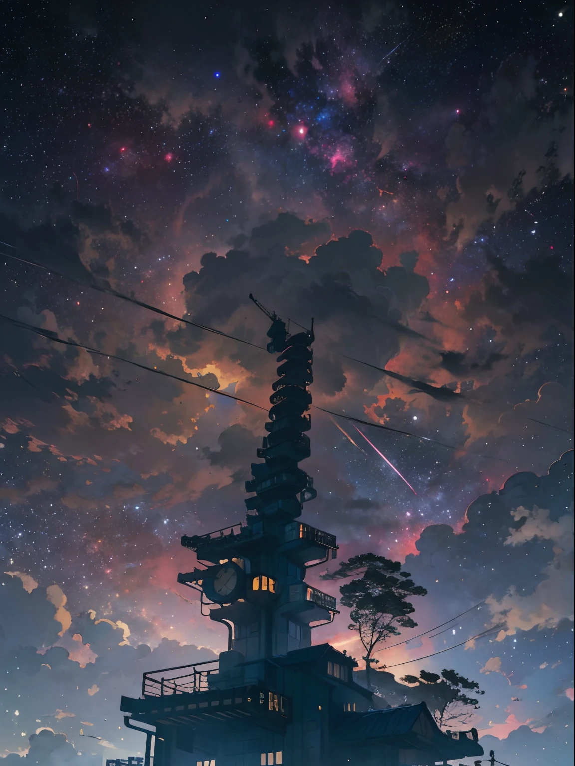 octane,Skysky,As estrelas(Skysky),scenecy,starrysky,the night,1girll,nigh sky,独奏,exteriors,buliding,clouds,galactic,sitted,The tree,Long hair,城市,siluette,Cityscape complex background,CG art,tmasterpiece,high qulity,depth of fields,Storytelling images,