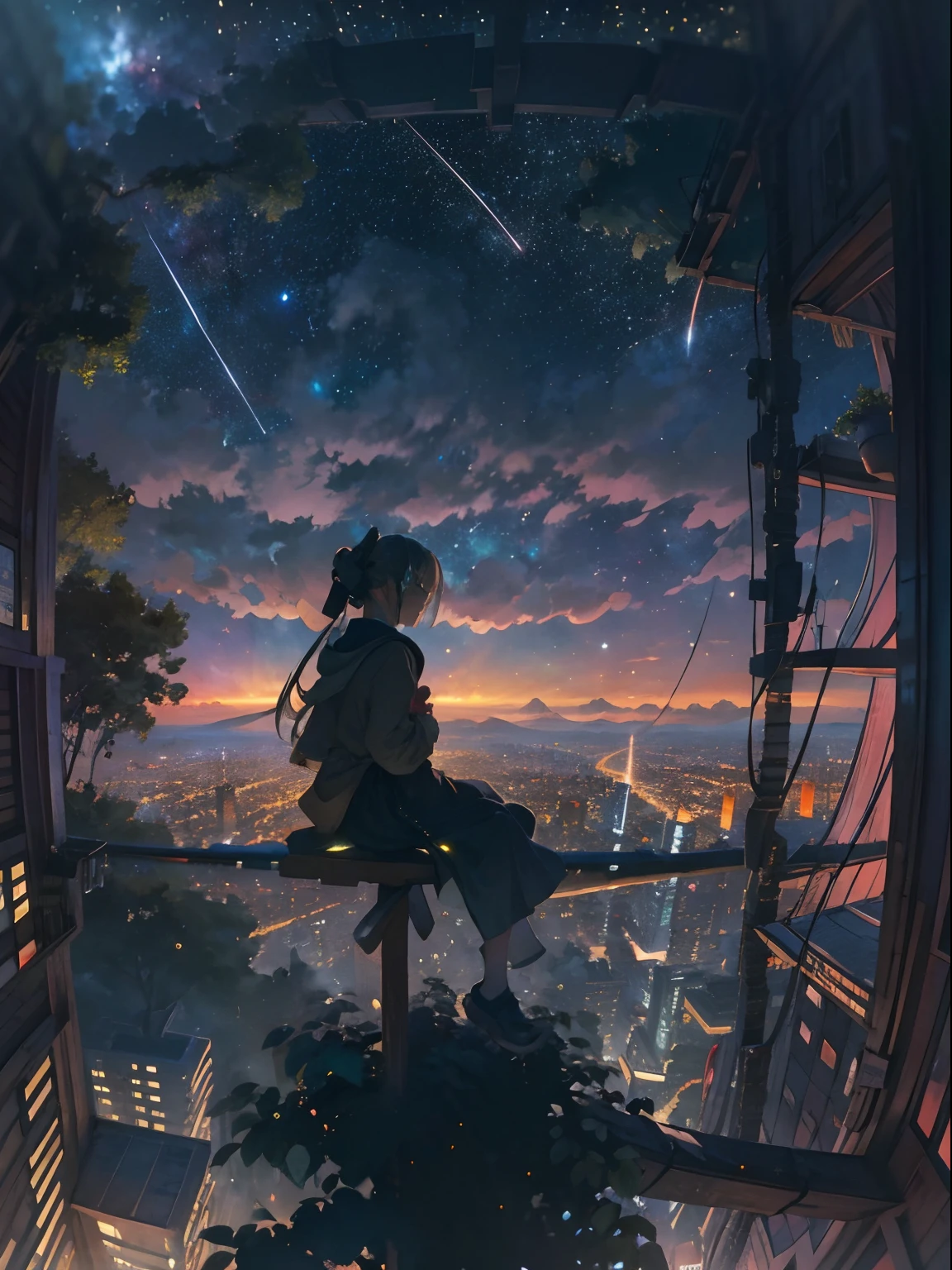 octane,Skysky,As estrelas(Skysky),scenecy,starrysky,the night,1girll,nigh sky,独奏,exteriors,buliding,clouds,galactic,sitted,The tree,Long hair,城市,siluette,Cityscape complex background,CG art,tmasterpiece,high qulity,depth of fields,Storytelling images,
