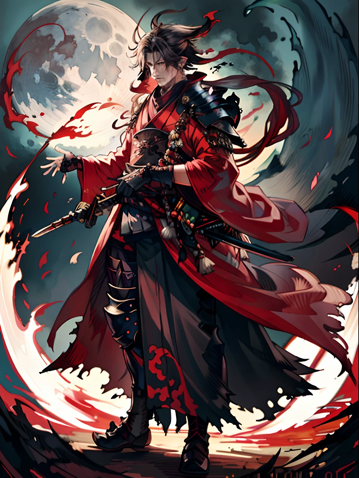 masterpiece, best quality, samurai in red kimono, cloth flowing in the air, moon, boreal steppe, sfw