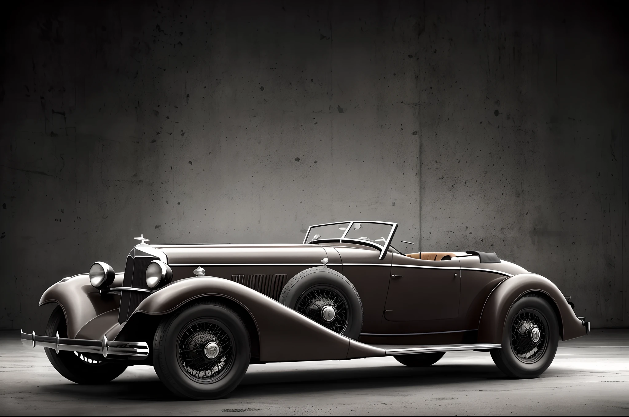 (Masterpiece, Best Quality: 1.2), чрезвычайно детализированный 1936 Auburn 852 SC Boat Tail Speedster, (Perfect skin), (Muted colors: 1.2, dark studio, rim lighting, dual tone lighting, dim lighting, Low key, ), Poster from the 1930s \(style of \), Black film, (nuarnaya atmosphere: 1), Dark atmosphere, Black accents, 1930s (/style of/), Cold night air, artstation trending, CGsociety is trending, Intricate, High