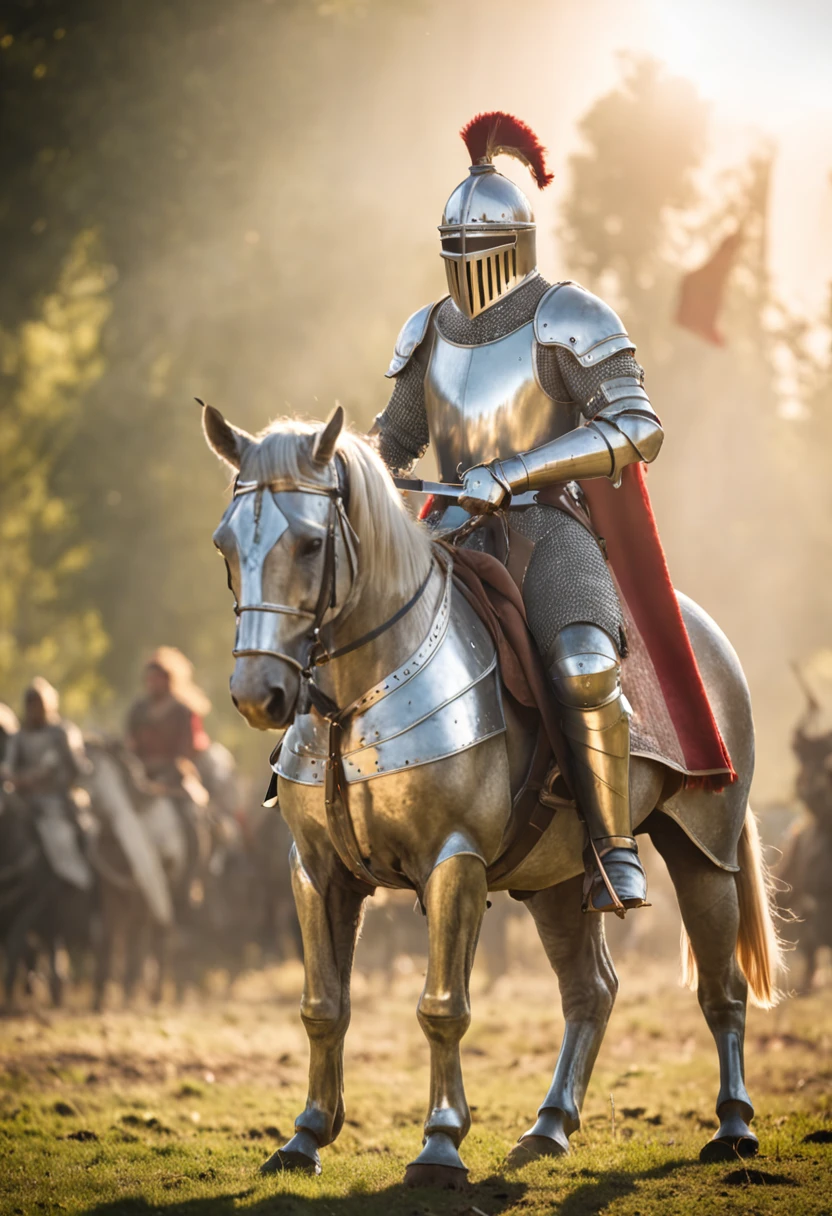 "Royal Knight with a majestic aura, adorned in gleaming armor, wielding a legendary sword, standing tall amidst a medieval battlefield, with banners fluttering in the wind and rays of sunlight illuminating the scene."
