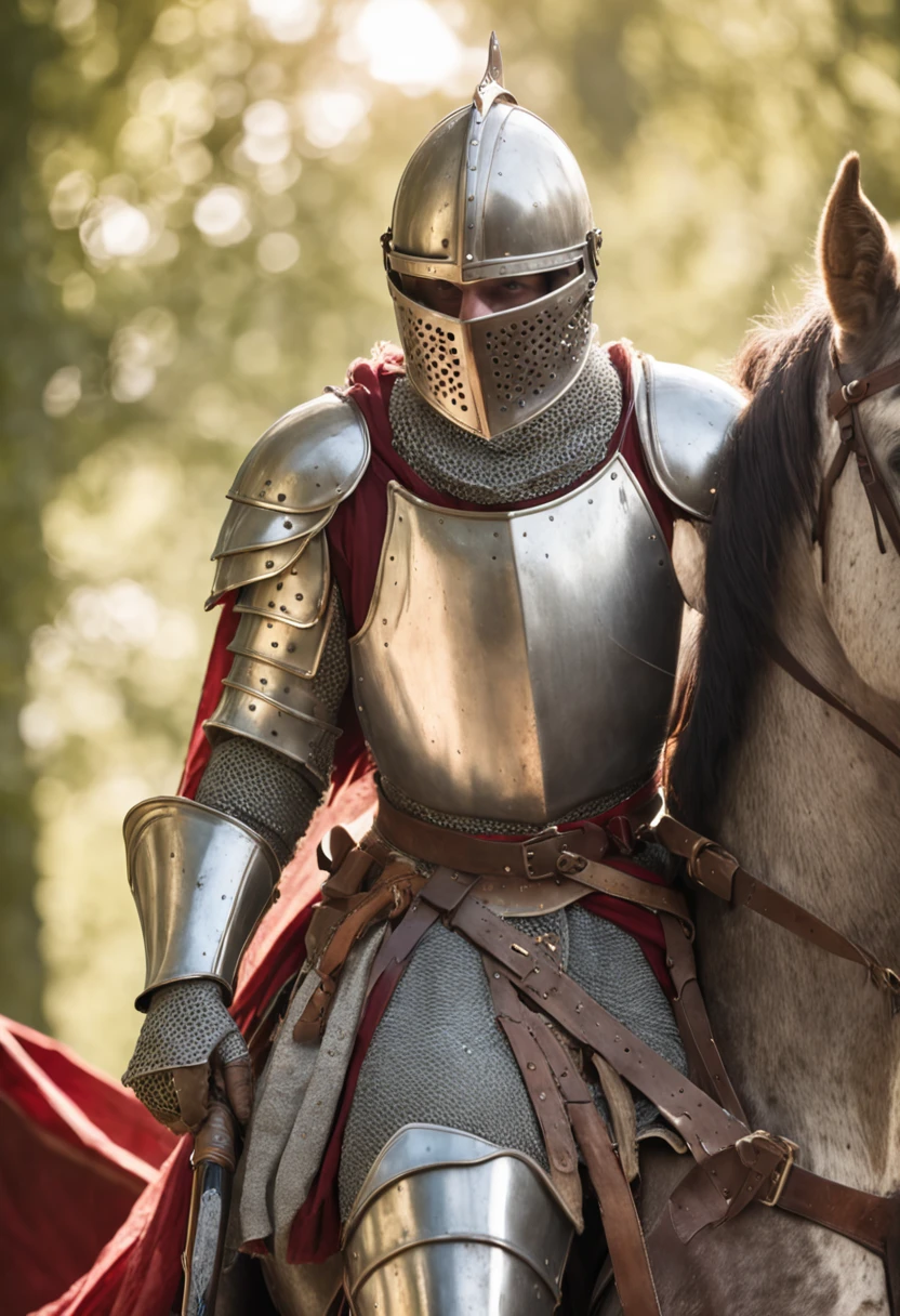 "Royal Knight with a majestic aura, adorned in gleaming armor, wielding a legendary sword, standing tall amidst a medieval battlefield, with banners fluttering in the wind and rays of sunlight illuminating the scene."