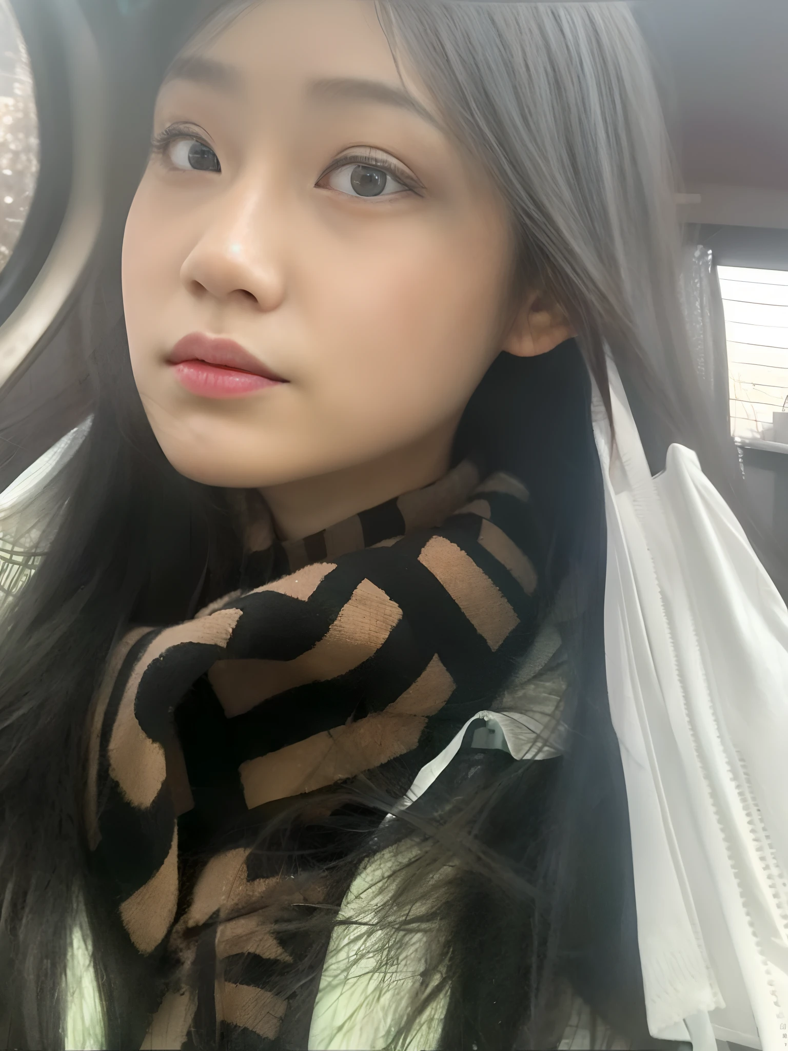 Arapei woman with long black hair wearing a scarf and scarf, ulzzangs, Scarf, xintong chen, Korean girl, xision wu, wenfei ye, 19-year-old girl, very very low quality, Shin Jinying, 8k selfie photograph, Lin Qifeng, jisoo from blackpink, SSAO 8 K, very low quality