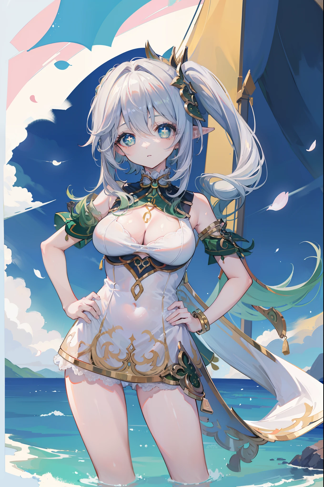 (masterpiece),best quality, expressive eyes, perfect face, 1girl, big breast, H-cup, good breast, beautiful, gorgeous,anime,girl,lora, floating clothes, tent chest ,nahidarnd, nahidadef, hands on waist, hands on hips