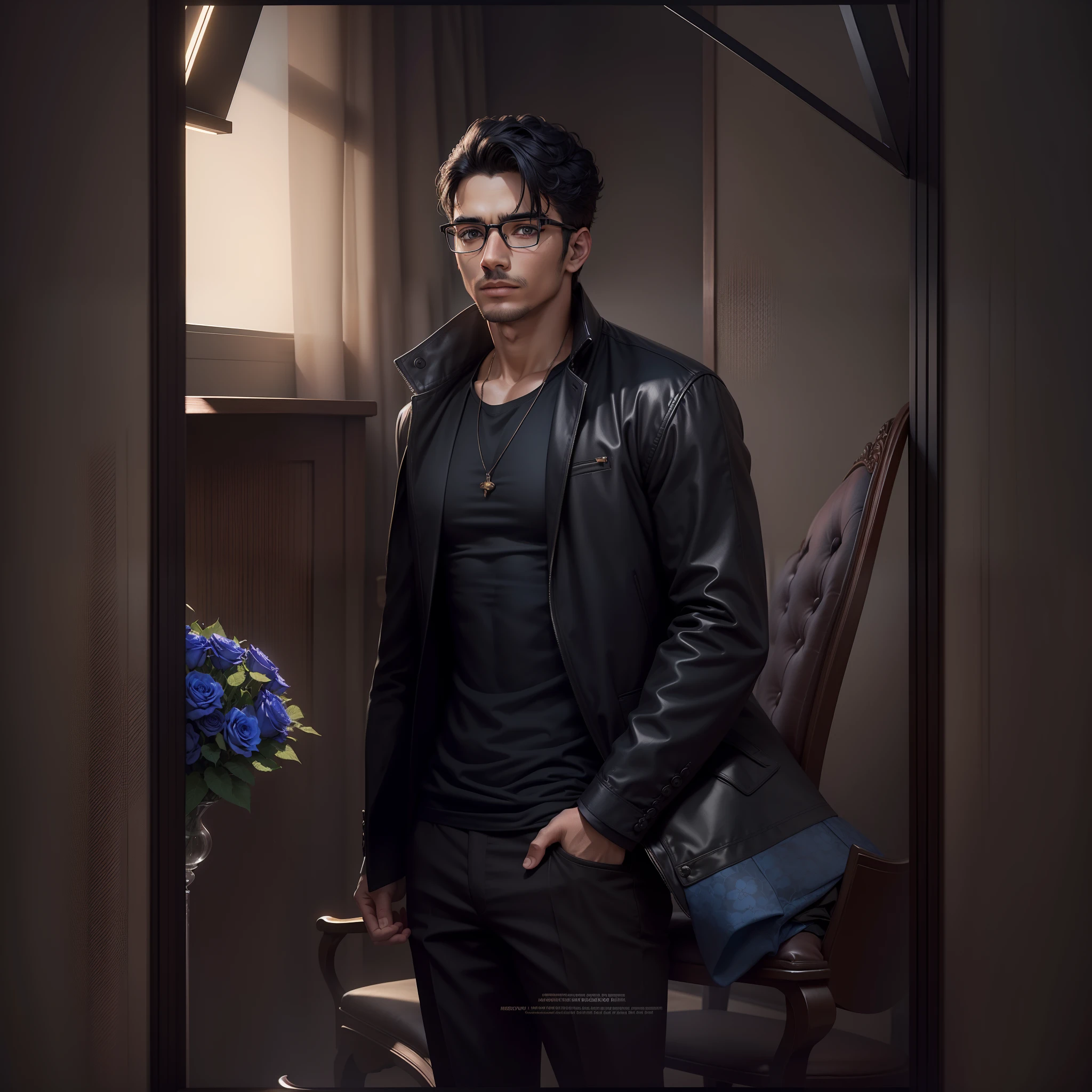 a very handsome good looking charming boy wearing black shirt and pent over a dark blue jacket and wearing glasses,with Indore background with flowers on chairs,ultra HD  ,8k resolution background blur, ultra HD realistic,urban edit and photography