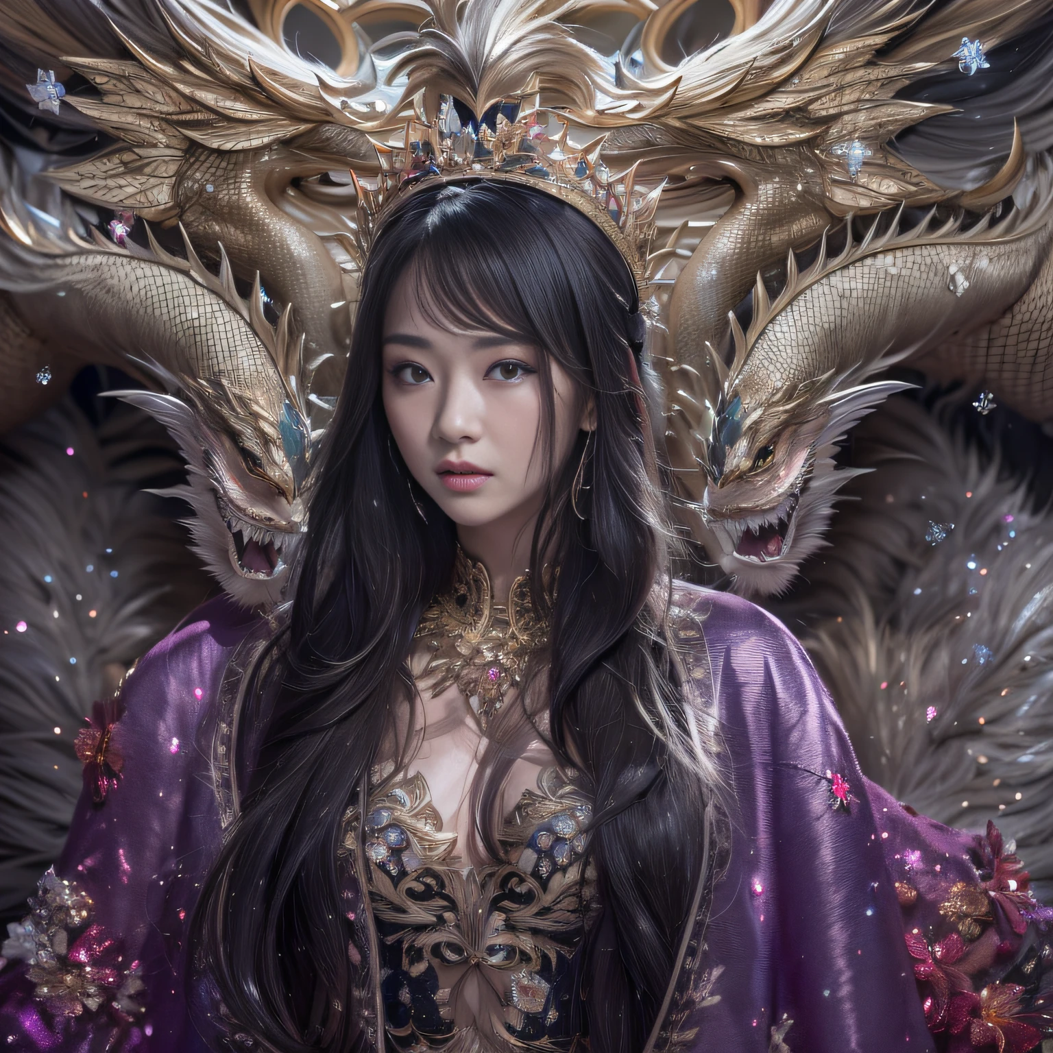 32K(tmasterpiece,k hd,hyper HD,32K)Long flowing black hair,Jewelry quarter in the back room,Brunette king girl ,Silver Dragon Protector (realisticlying:1.4),Python pattern robe,Purple-pink tiara,Snowflakes fluttering,The background is pure,Hold your head high,Be proud,The nostrils look at people, A high resolution, the detail, RAW photogr, Sharp Re, Nikon D850 Film Stock Photo by Jefferies Lee 4 Kodak Portra 400 Camera F1.6 shots, Rich colors, ultra-realistic vivid textures, Dramatic lighting, Unreal Engine Art Station Trend, cinestir 800,Hold your head high,Be proud,The nostrils look at people