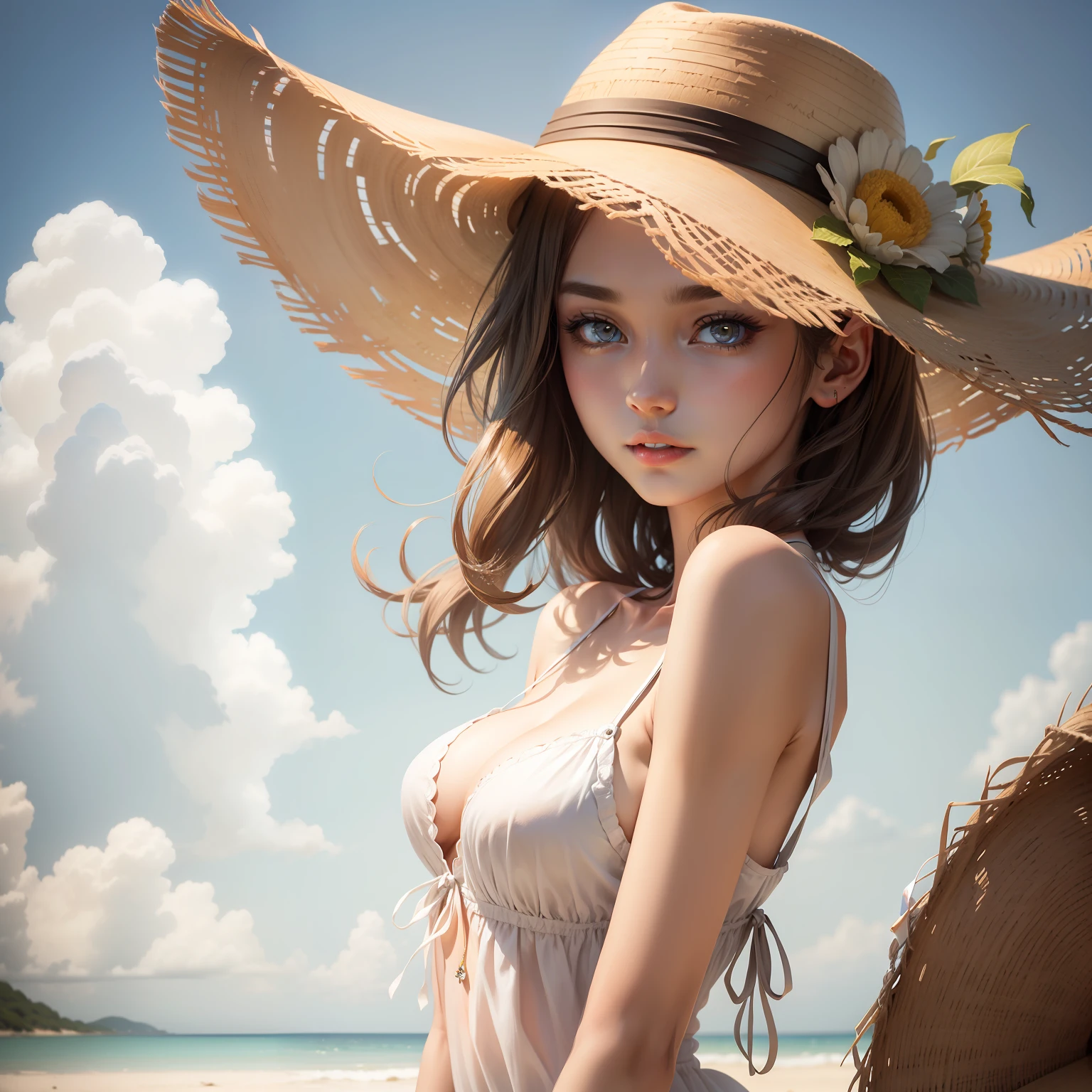 an transcendental beautiful girl, a slender 24yo girl, the perfect ideal girl, ultra detailed face, ultra detailed eyes, strongly impressive bright eyes, summer dress and straw hat