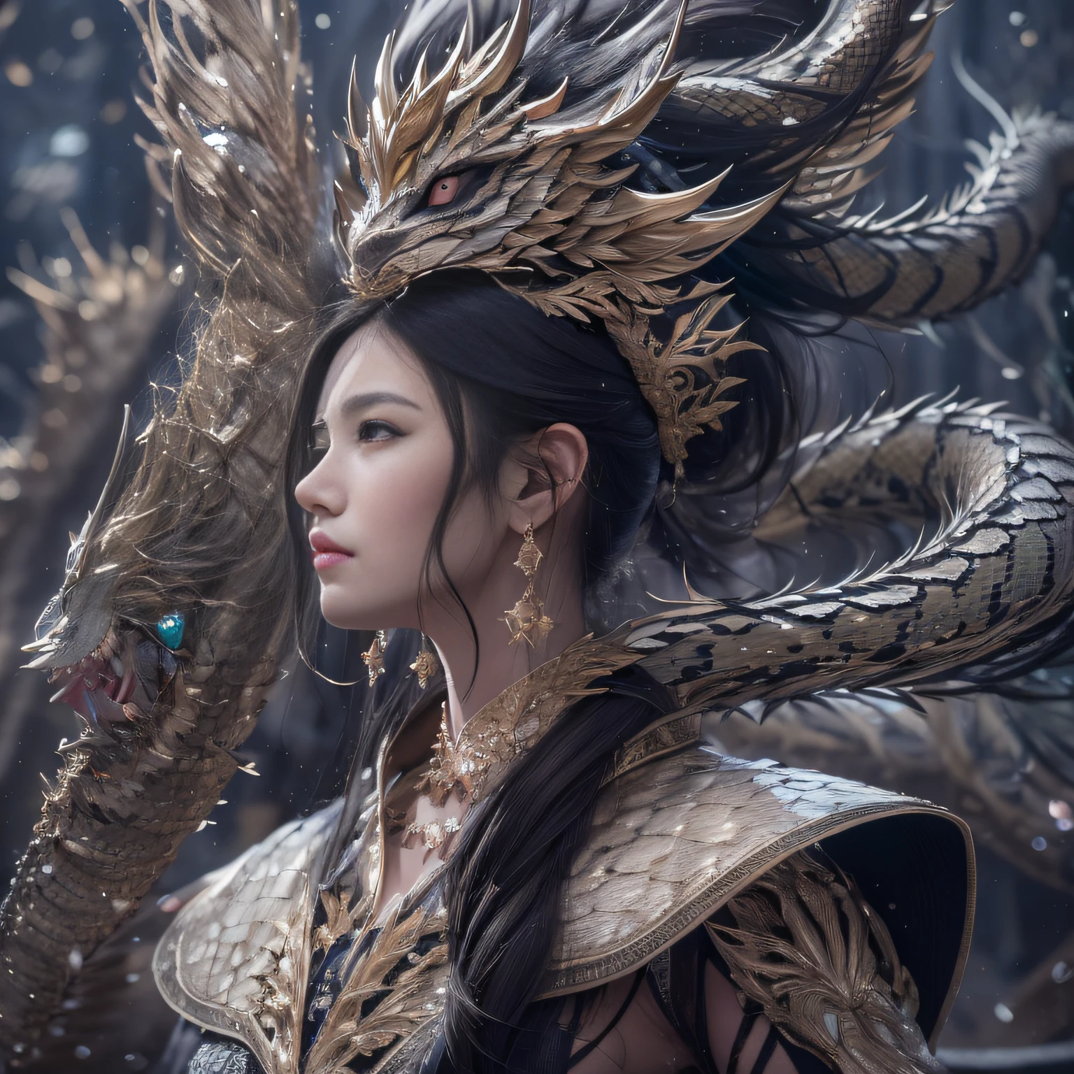 32k（tmasterpiece，k hd，hyper HD，32k）Long flowing black hair，Jewelry quarter in the back room，Brunette king girl ，Silver Dragon Protector （realisticlying：1.4），Python pattern robe，Purple-pink tiara，Snowflakes fluttering，The background is pure，Hold your head high，Be proud，The nostrils look at people， A high resolution， the detail， RAW photogr， Sharp Re， Nikon D850 Film Stock Photo by Jefferies Lee 4 Kodak Portra 400 Camera F1.6 shots, Rich colors, ultra-realistic vivid textures, Dramatic lighting, Unreal Engine Art Station Trend, cinestir 800，Hold your head high，Be proud，The nostrils look at people
