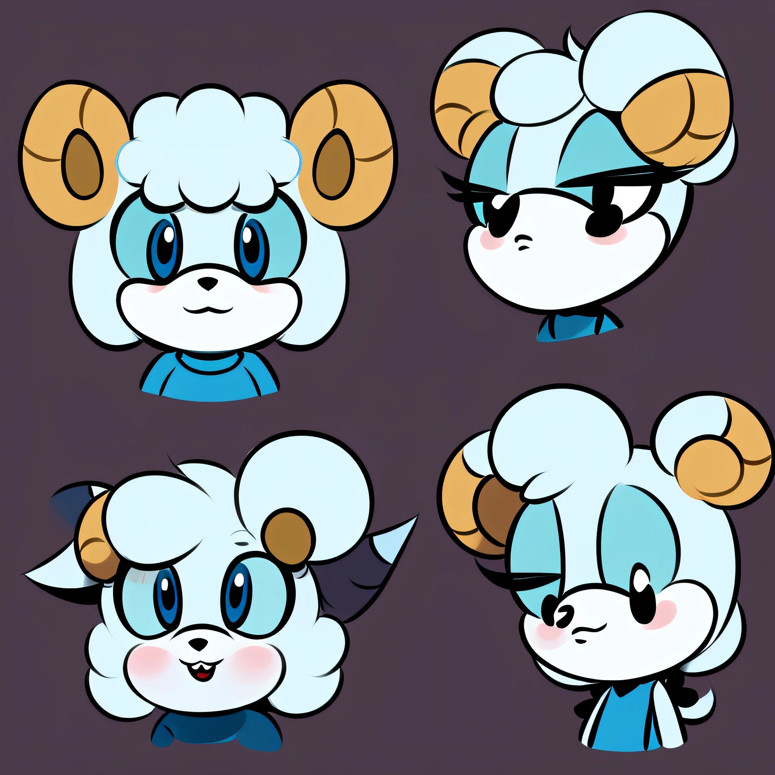 Linear cartoon style cute lamb round face small horn angry,adolable,And other expressions of big eyes watery