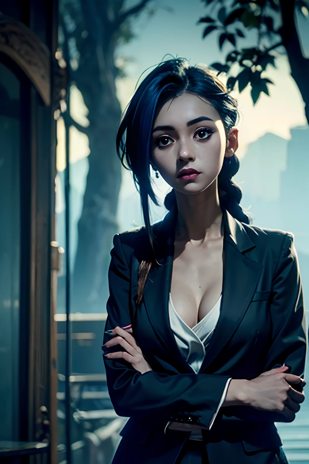 独奏, cowboy  shot, (очень Dетализированные обои CG unity 8k), (beste-Qualit), (best illustrations), (best shadows), (Night gloomy background, Gloomy and hopeless, Dark dramatic lighting, vignette), Realistic eyes, beatiful face, 1A girl with a perfect body, with blue braids, Long braids, ((Jinx)). generous cleavage, ((She wears a business suit:1.5)), She crossed her arms in front of her, ((perfect ???????)), gotik, Burnt orange gradient, surrounded by tender leaves and branches, with fireflies and glowing particle effects, (Natural elements), (leaves), (twigs), (Fireflies), Butterflies, (Tender leaves), (Glow), (particle fx). , Fantasy art, bokeh, Octane rendering, ray traced, overdetalization.