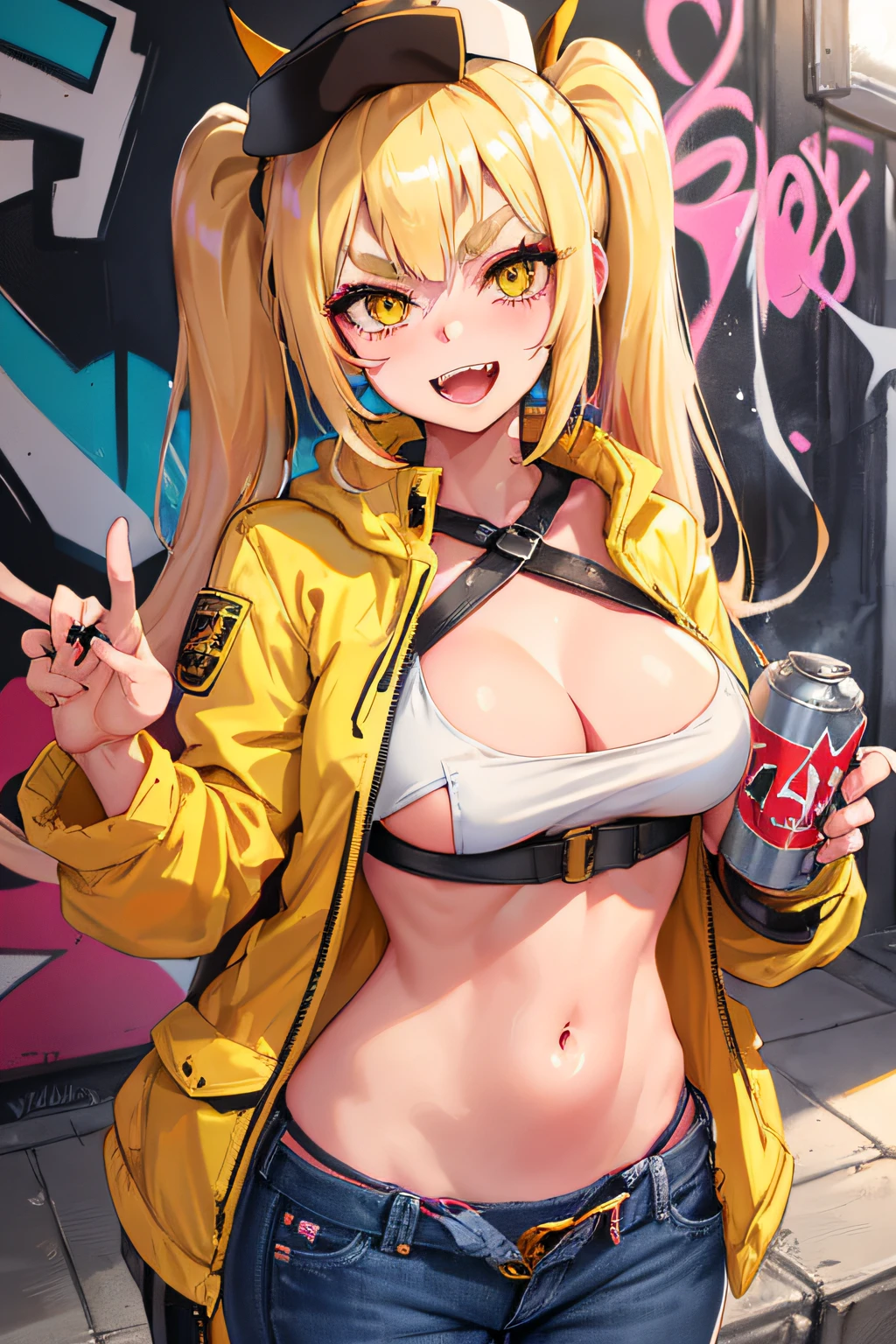 Original Character, Volumetric Lighting, Best Shadows, Shallow Depth of Field, Portrait Of Stunningly Beautiful Girl, Petite, Delicate Beautiful Attractive Face With Alluring Yellow Eyes, Messy Painted Face, Sharp Eyebrows, Broadly Smiling, Open Mouth, Fangs Out, Lovely Medium Breasts, Layered Long Twintail Blond Hair, Blush Eyeshadow, Thick Eyelashes, Applejack Hat, Oversized Pop Jacket, Mini Underboob Tee, Open Navel, Slim Waist, Denim Jeans Pants, With Buckle Belt, In The Graffiti Alley, Waste Container, Outside Stairs, Outdoor Unit, Holding Spray Paint Can, Standing, (Highest Quality, Amazing Details:1.25), (Solo:1.3), Brilliant Colorful Paintings