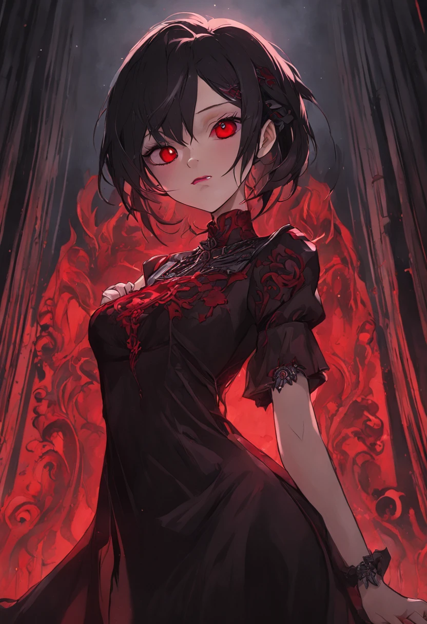 (best quality), (masterpiece), (photorealistic), (realistic), super detailed, unity 8k wallpaper, highly detailed cg, ray tracking, sharp shadows, great detail, depth of field, super detailed background, As the crimson moon shed black tears, the crimson eyes of a dark-haired beauty flickered eerily. She is a vampire, her eyes smiling at her prey. Her black dress is red embroidered in a delicate and intricate design. Detailed drawing. Vivid colors. High picture quality. (Kneeling, leaning forward, Place your hands on the floor in front of you):2. (mouth open to show fangs. Red lips):1.6. (shot from the grand, from below):1.4, (Gothic makeup):1.8, upthrust, Red and Gray Room