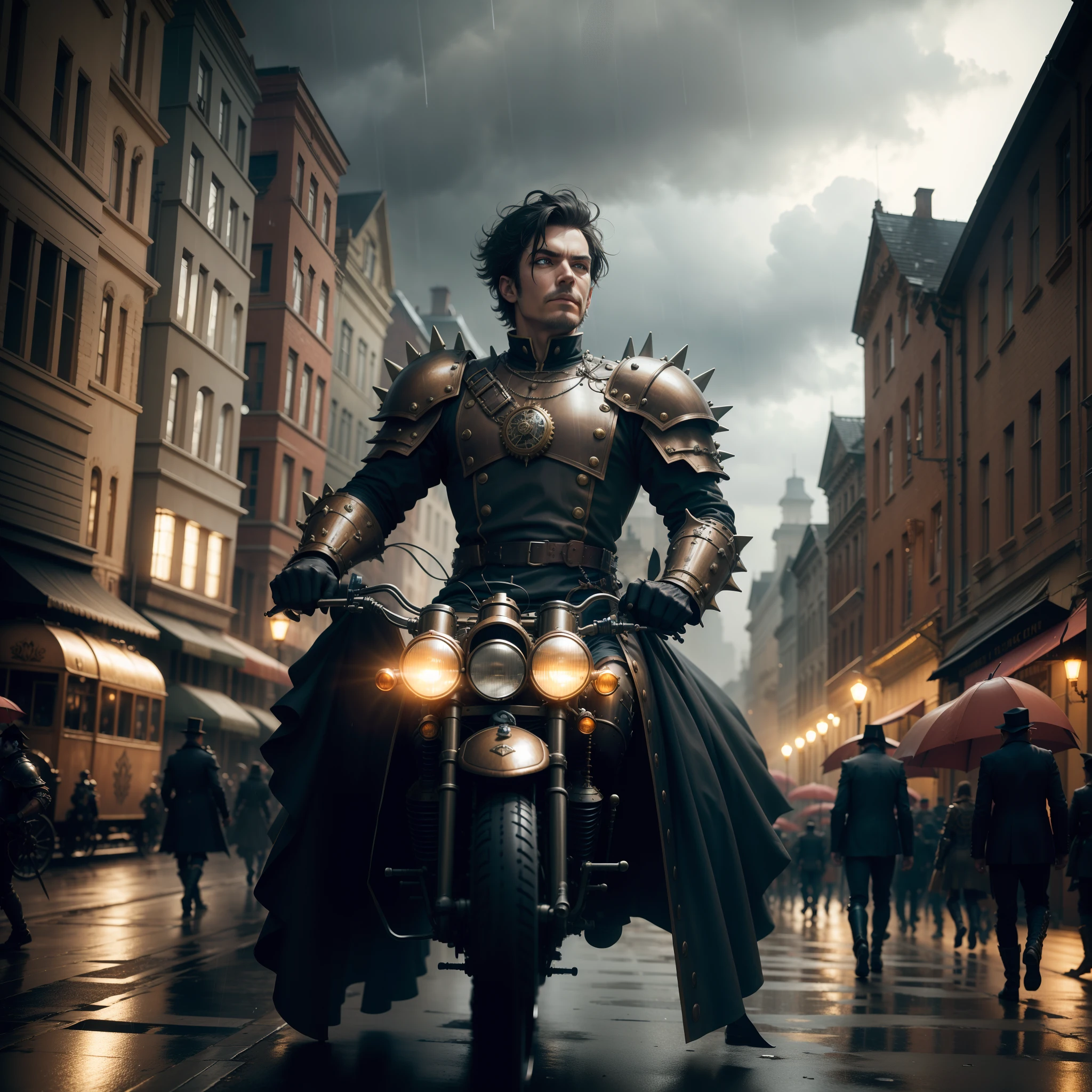 steampunk parade: marching crowd, ruined city, postapo bikes, armor with spikes, panoramic, steampunk, with a strong sense of 3D, rainy evening, dark color matching, intricate details, by Don Mait