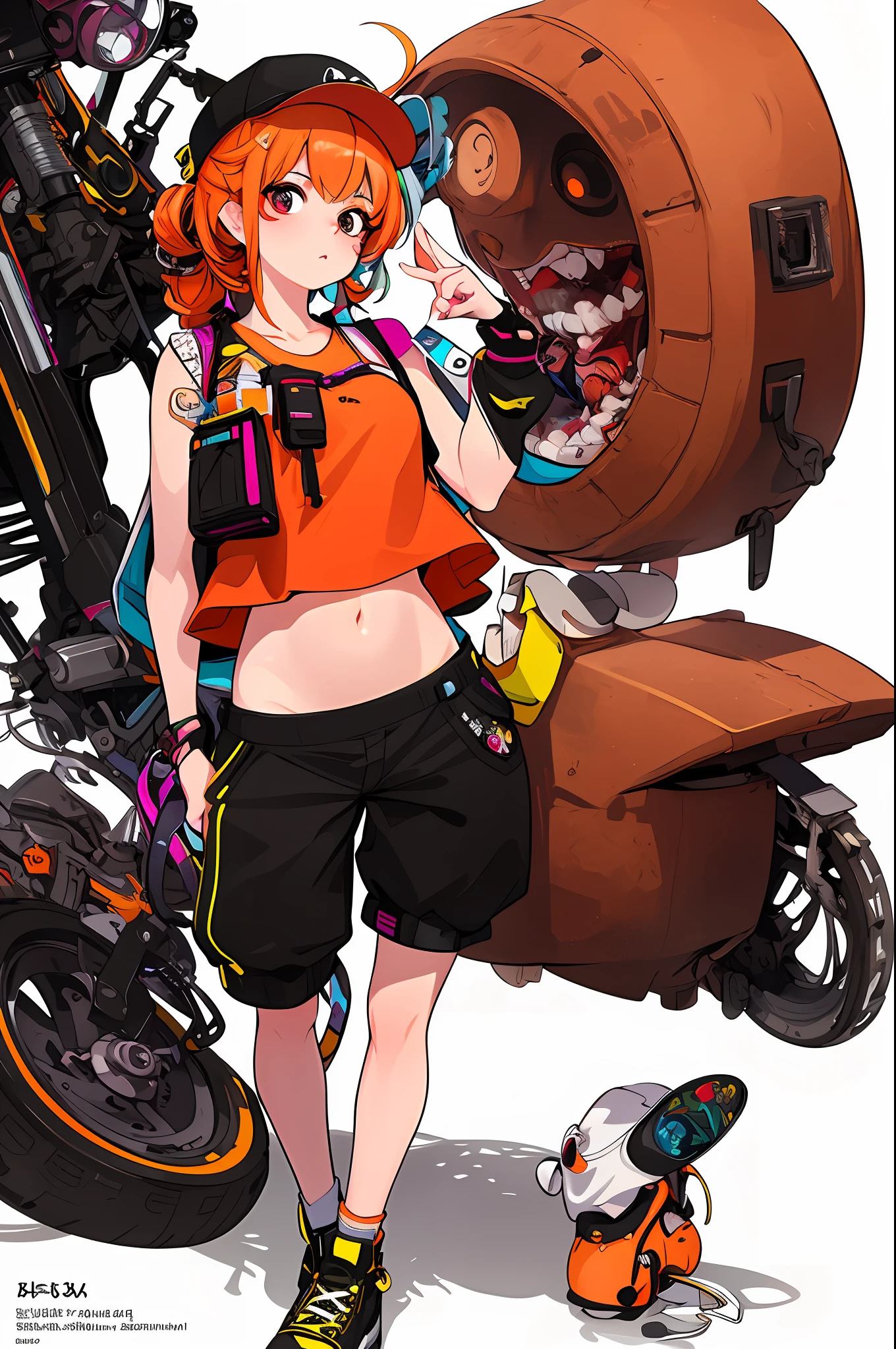 ​masterpiece, top-quality, Official art, 8k wallpaper, ighly detailed, illustratio, 1 girl in, Orange hair,Twin-tailed、 shortpants、Navel、Tank Tops, Bear motif on hat