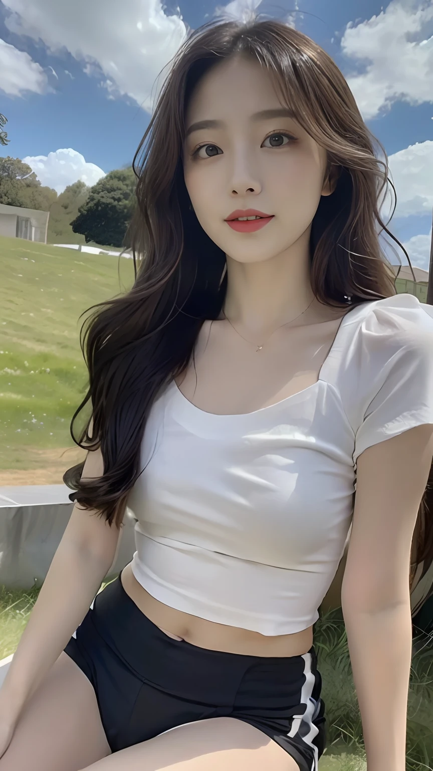 ((best qualtiy, 8K, tmasterpiece:1.3)), A pretty maiden，Pure，Melon seed face，gentle and cute，A sweet smile，Pure desire，Thin stature，(frontage)，(Tilt your head)，staring right into camera，Light gray top，(sweat shorts)，Cropped shirt，Open navel，Short-sleeved，Light gray shirt，Tight shirt，Light white top，Black silky long, Straight hair，Long hair flowing over the shoulders，round black big eyes，Clear big eyes，Hydrated red lips，Sweet，sitted，with blue sky and white clouds，grassy fields，Buildings，