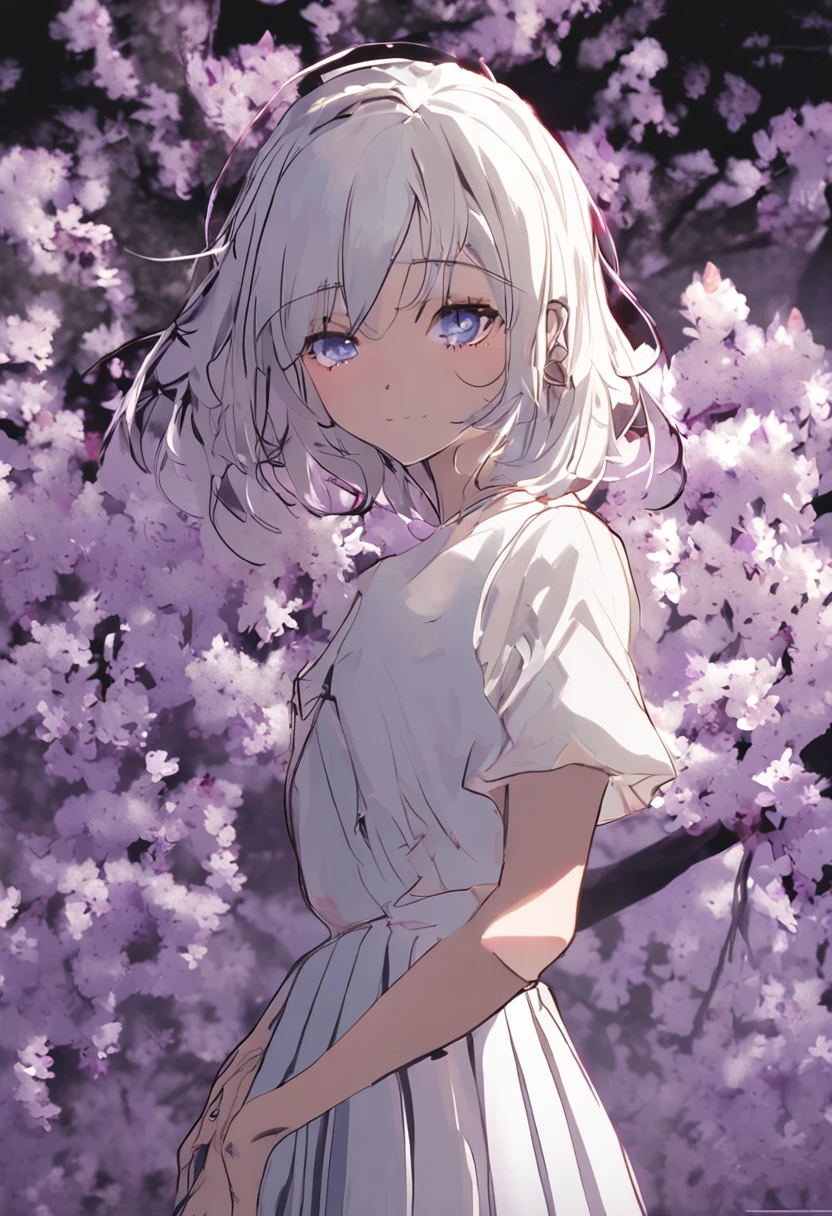 masterpiece, best quality, 1girl, simple background, (white background:1.5), multiple views,
expressive,dramatic composition,1girl,(beautiful and detailed violet eyes:1.2),(white hair), short hair,dressy skirt,standing,
dramatic lighting,wisteria,(depth of field, blurry, blurry background)