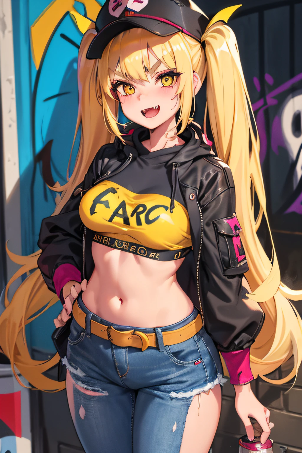 Original Character, Volumetric Lighting, Best Shadows, Shallow Depth of Field, Portrait Of Stunningly Beautiful Girl, Petite, Delicate Beautiful Attractive Face With Alluring Yellow Eyes, Messy Painted Face, Sharp Eyebrows, Broadly Smiling, Open Mouth, Fangs Out, Lovely Medium Breasts, Layered Long Twintail Blond Hair, Blush Eyeshadow, Thick Eyelashes, Applejack Hat, Oversized Pop Jacket, Mini Underboob Tee, Open Navel, Slim Waist, Denim Jeans Pants, With Buckle Belt, In The Graffiti Alley, Waste Container, Outside Stairs, Outdoor Unit, Holding Spray Paint Can, Standing, (Highest Quality, Amazing Details:1.25), (Solo:1.3), Brilliant Colorful Paintings