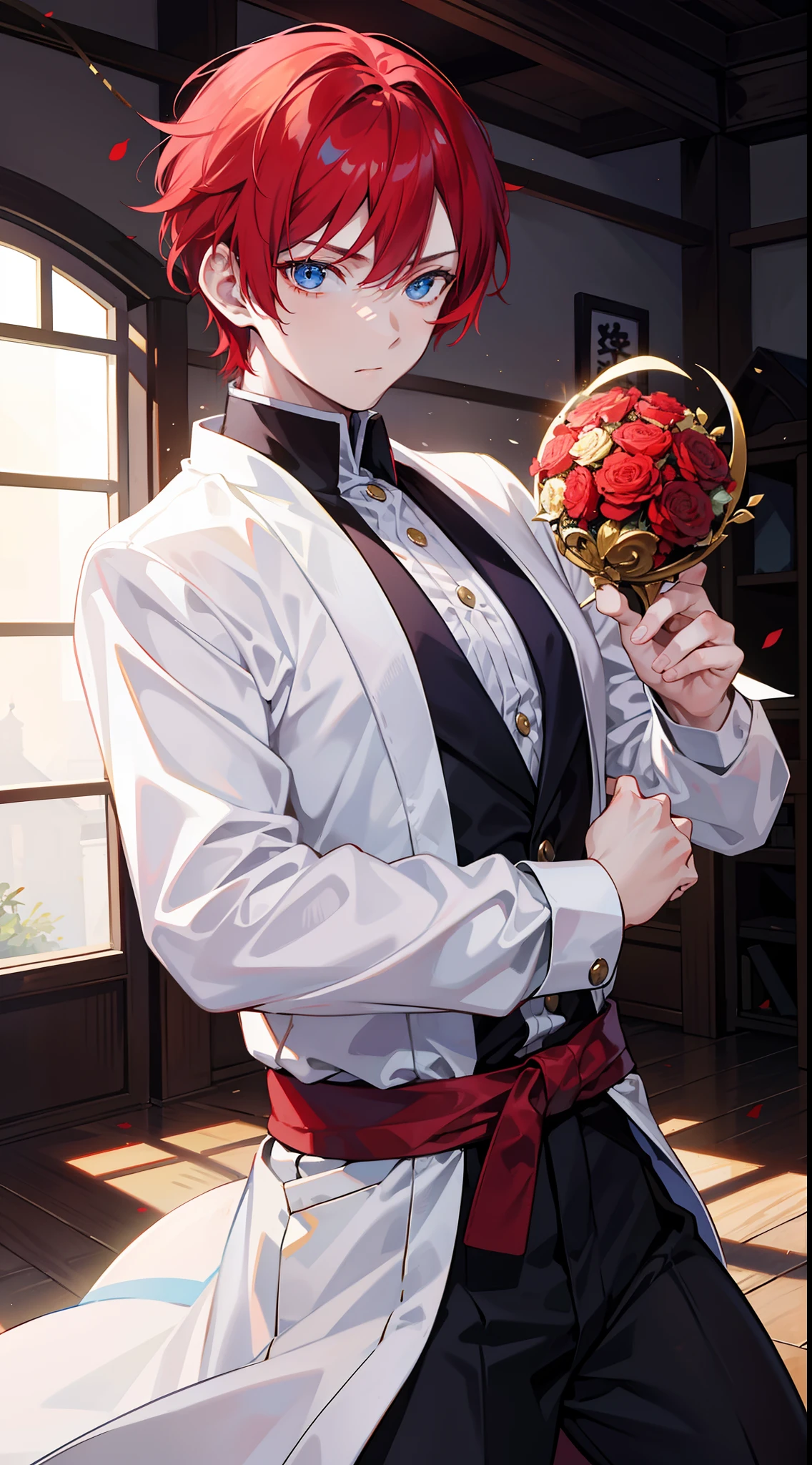 Young guy, short red hair, blue eyes, prince, martial arts, Masterpiece, hiquality