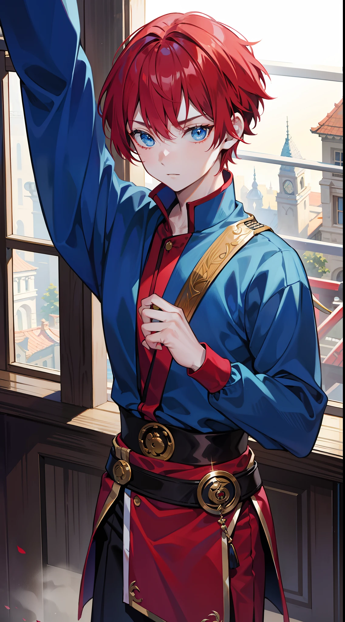 Young guy, short red hair, blue eyes, prince, martial arts, Masterpiece, hiquality