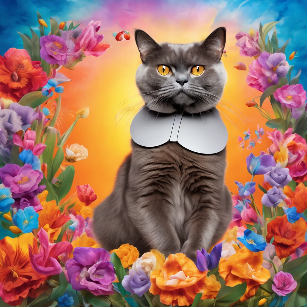 Spectacular Full body view of a super adorable and captivating rainbow colored fluffy bold flowery hipster Burmese cat surfing a wave in vibrant collage fashion, modeling retro flair against a polychromatic dreamscape. Posing with diamond ukulele, Textured fur, photorealistic 8K resolution, sharp focus, ultra quality, UHD, crystal clear, ((breathtakingly enchanting)), experimenting with bright colors, patterns, and textures, collage art, magazine cutouts, wearing Rose, Tulip, Orchids, Dahlia, Cherry blossom, Protea, Passion Flower, Anemone, Peony, Lily, Chrysanthemums, Lotus, Apple blossom, Lilac, Marigold, Gladioli and Daffodils and precious gemstones - rubies, sapphires and emeralds of bright colors on its head and neck, rainbow colored fluffy Burmese cat with headphones on its head, ((in bottom view)), dynamic extra long curly fur, glowing flowing curly fur, smiling face, big eyelashes, happy face, detailed features, vibing to music, cutest Burmese cat, in the clouds of vibrant colors, rainbow smoke trails, sweat drops, eye level, intricate details, warm colours, modeling photography, ((hyperrealistic)), wearing extraordinary extravagant fancy sunglasses, full body photography, beautiful joyful kind eyes of vibrant colors, tender playful look, black and golden suit, soft skin, dynamic posture, soft light, film texture, virtual engine, advanced detail processing, ultra realistic 8k, styles for printing, cinematic lighting, high contrast, glowing highlights, photorealistic,a background of outer space with stars and planets, comedy art,realistic style, high resolution, 3D render, highly detailed,intricate details, sharp focus,8K, ultra quality,UHD, crystal clear, ((stunningly beautiful)), extremely detailed,highly detailed skin, cinematic lighting,wide angle, photorealistic,beautiful shot, HDR,sharp focus, 64 megapixels,perfect composition, cinematic,atmospheric, high contrast,colorful polychromatic, CGSociety,–ar 1:1 --c 15 --s 765 --q 2 --v 4