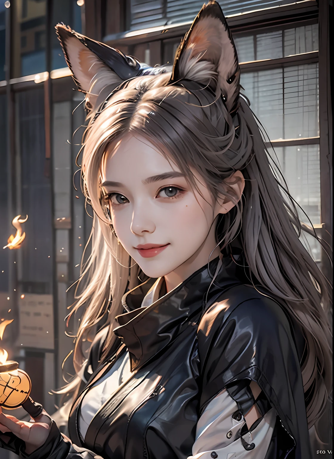 1girl,solo, happy smiling official art, unity 8k wallpaper, ultra detailed, beautiful and aesthetic, beautiful, masterpiece, best quality, Kitsune witch, fox mask, haori jacket, foxfire spell, fox familiar, transformation,depth of field,