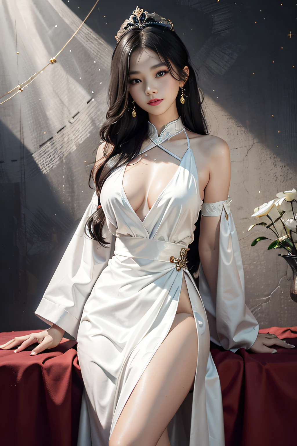Portrait of a young saint of 20 years old, A saint with a beautiful super cute face,Wear a very thin and sexy Ao Dai, Beautiful cute face, Ao Dai has a deep slit on his chest，The black and white lace trim is charming, Beautiful face without blemishes, Lovely smile, ((7 color hair length:1.2)), The Great Crown, Hair brooch, Hanfu dress, Chinese ancient style, Full body accessories, Tattoo on the forehead, The breasts of the saintess are round and full, Breast augmentation, Innocent face, The most beautiful、The most delicate light red lipstick, ((Thin and plump lips:0.3)), Delicate pink and white eyes (White and details) Cinematic, light and dark, Dramatic lighting, Magical light, Extremely detailed light, True color, Super sharp, Realistic, 8K quality, Saints and magical spaces, The most detailed image, Solo, saintess, ((Look directly at the upper body of the saint:0.4)), ((Smooth skin:0.5)), ((universe background:1.2)), (En plein air:0.8),