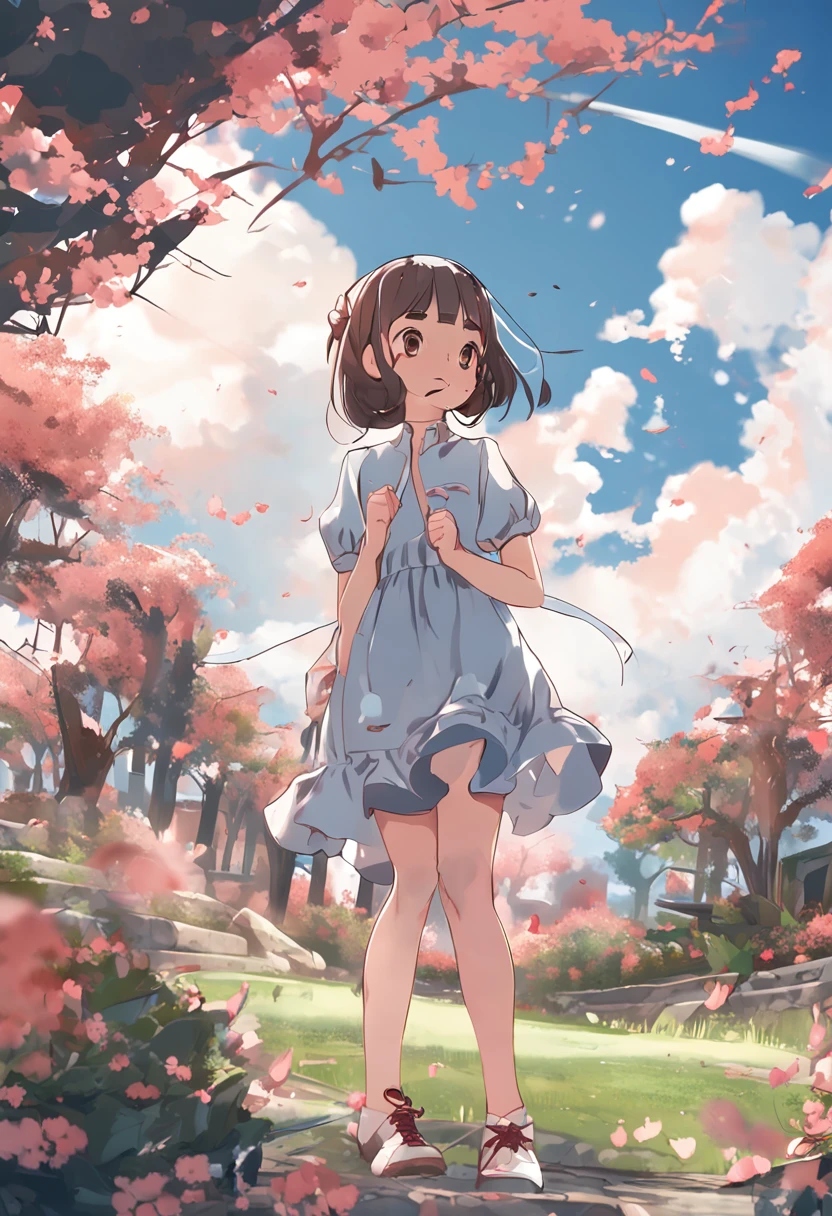(best quality,masterpiece:1.3),((cute 1 girl:1.2)),(child,14 years old:1.4),low twintails,hair,solo,cloud,dress,(red sky:0.9),short sleeves,(looking at viewer:1.1),brown eyes,(transparent  clothes:1.2),(full body:1.2),(dynamic pose:1.3),day,cloudy sky,floral print,bangs,blue sky,grass,blush,tree,closed mouth,city,from below,(see-through legwear:1.2),(white hair:1.1),outdoors,(stand:1.1),(white stockings:1.2),(white dress:1.1),