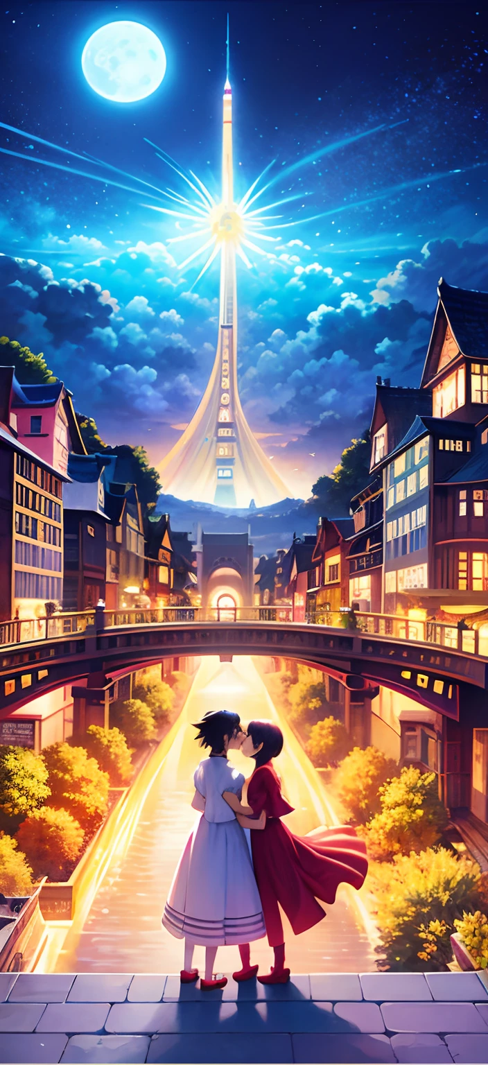 Tanabata, themoon, Magpie Bridge, Cowherd and Weaver Girl, Anime style illustration of a couple on a bridge over a mountain, concept art of love, A beautiful artwork illustration, dreamlike illustration, anime beautiful peace scene, jen bartel, blurry and dreamy illustration, background artwork, emotional concept art, blurry and dreamy illustration, Makoto Shinkai Cyril Rolando, arte de fundo, colorful anime movie background, colorful concept art, beautiful avatar picture