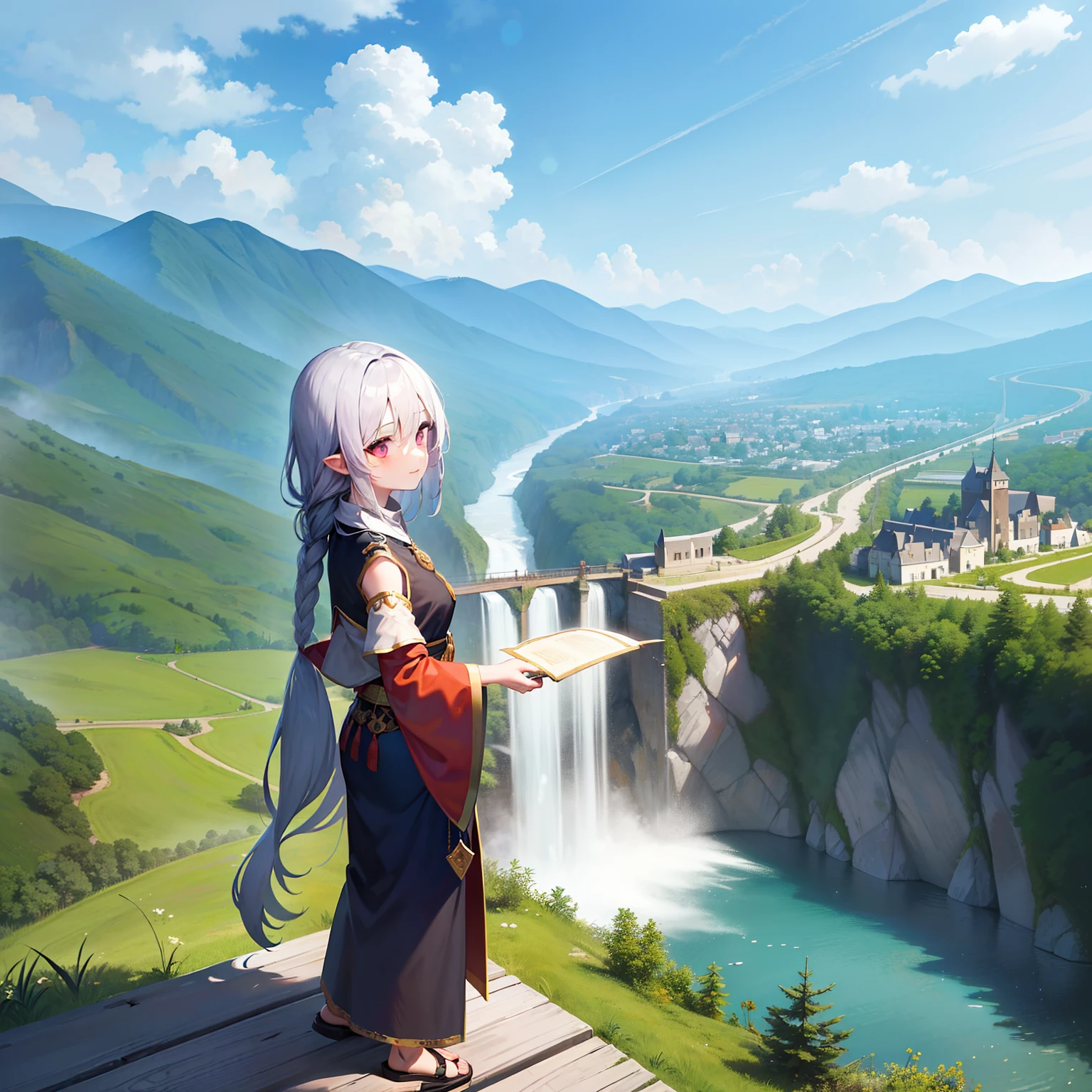 In this picture in a fantasy world，A majestic mountain range stretches out，The top of the mountain is covered with year-round snow，surrounded by cloud，Enveloped。foot of the mountain，A enchanted forest is lush and green，Sunlight shines through the leaves in the forest，Elves and fairies roam the forest。A rushing waterfall cascades down a cliff，Countless splashes，A rainbow looms below the waterfall。By the waterfall，A blue magic lake is serene and mysterious，Reflecting the beauty of the surroundings。

Along the lake，An old castle stands on the shore，The mottled traces on the city walls bear witness to the vicissitudes of history。Around the castle，Stone、Drawbridges and wooden bridges span the river，A small village connecting the two banks。The cottages in the village were full of smoke，Industrious villagers plow the fields，Live in harmony with the fantastic creatures around you。

In the corner of the picture，A magician in a robe is standing on the edge of a cliff，Gaze into the distance。He holds a mysterious scroll，Ancient mantras are silently chanted in their mouths。At the call of a magician，A huge dragon hovers in the sky，With the stars、Colorful clouds dance together。

This image shows a fantasy world，Full of mystery、Adventure and life，It's fascinating。