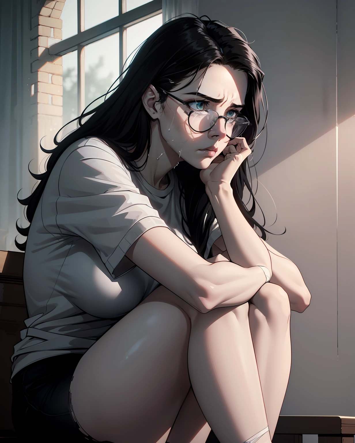 Best quality, volumetric lighting, cool ambient lighting, masterpiece, ultra high res, 4k, (soft round detailed face), (sad expression), depressed, despair, grief, crying, hopeless, (very pale light skin), (bare legs), detailed black hair, ((long messy greasy hair)), (wearing rounded glasses), unwashed, unkempt, tired, disheveled, grey t shirt, (bandaged arm), (both hands touching head)
