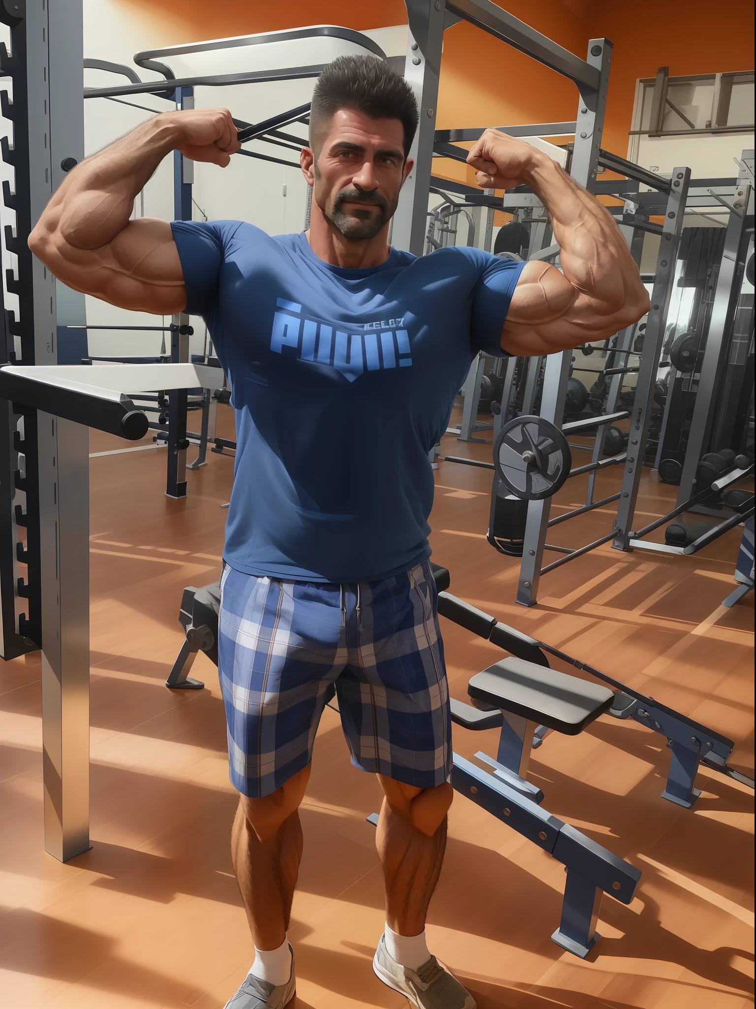 Arafed man in blue shirt and plaid shorts standing in the gym, Incredibly strong and tall, ernest khalimov body, very extremely beautiful. big muscles, Extremely muscular, he is about 4 0 years old, He is about 40 years old, big biceps, Sturdy and tall,, Bodybuilder Ernest Khalimov, big hands, Patrick Hardzei