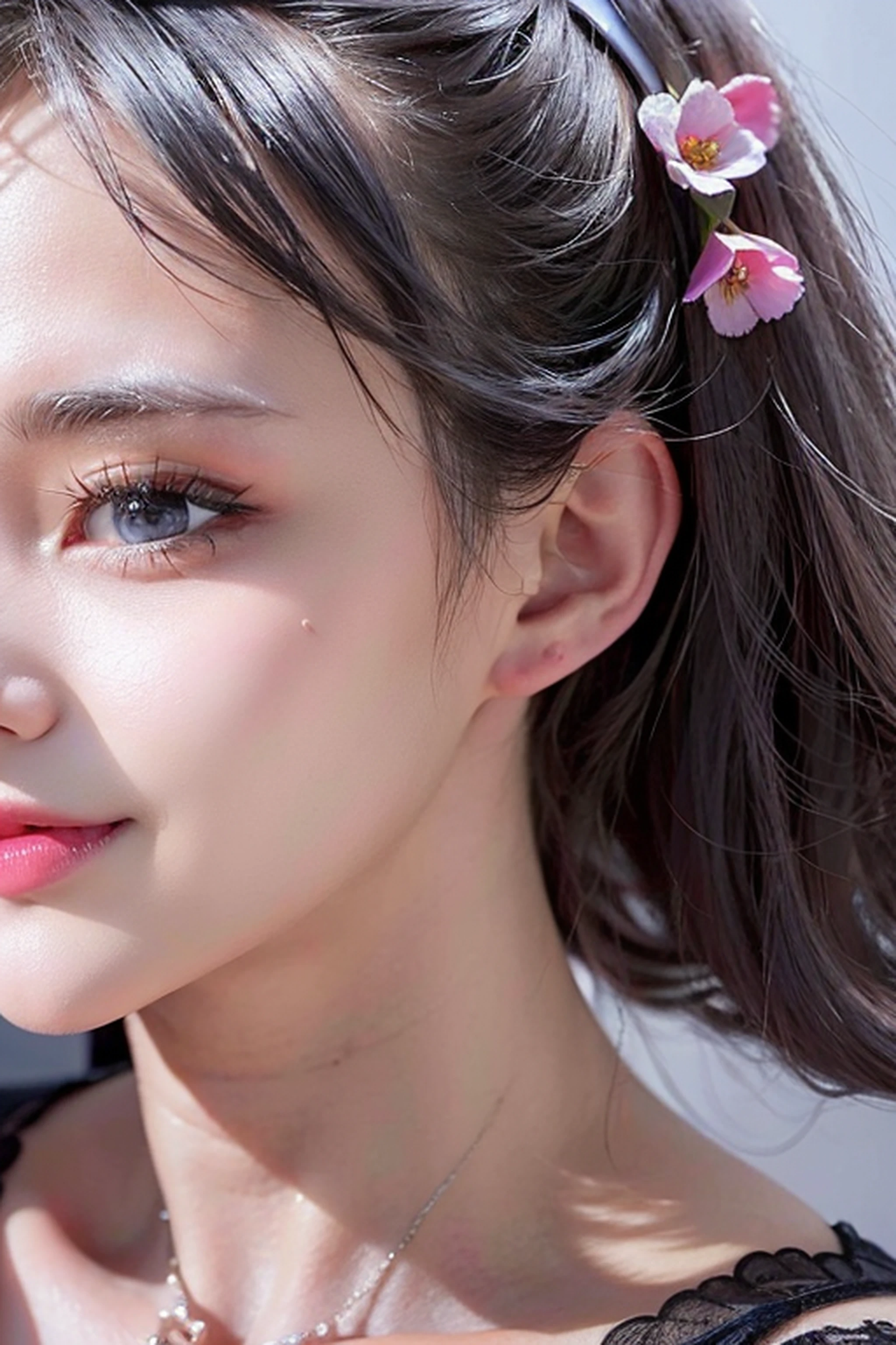 One Girl,(1人のとてもcute女の子:1.3),masterpiece,Highest quality,High resolution,From below,Low - Angle,Photorealistic,RAW Photos,Ray Tracing,beautiful girl,(:1.3),cute,Big eyes,(detailed pupils:1.2),(Face turned to the side:1.3),Cute nose,Beautiful nose,Upturned nose,Fuller lips,Short black hair,ponytail,short hair,Detailed eyelashes,Thin eyebrows,Very fine grain definition,(profile:1.3),(Face close-up,Face Focus:1.0),Small breasts,Short neck,Off the shoulder,People emerge,Dark Background,forest,Portrait,Look to the side,Upper Body,Cinema Lighting,High resolution,Very detailed