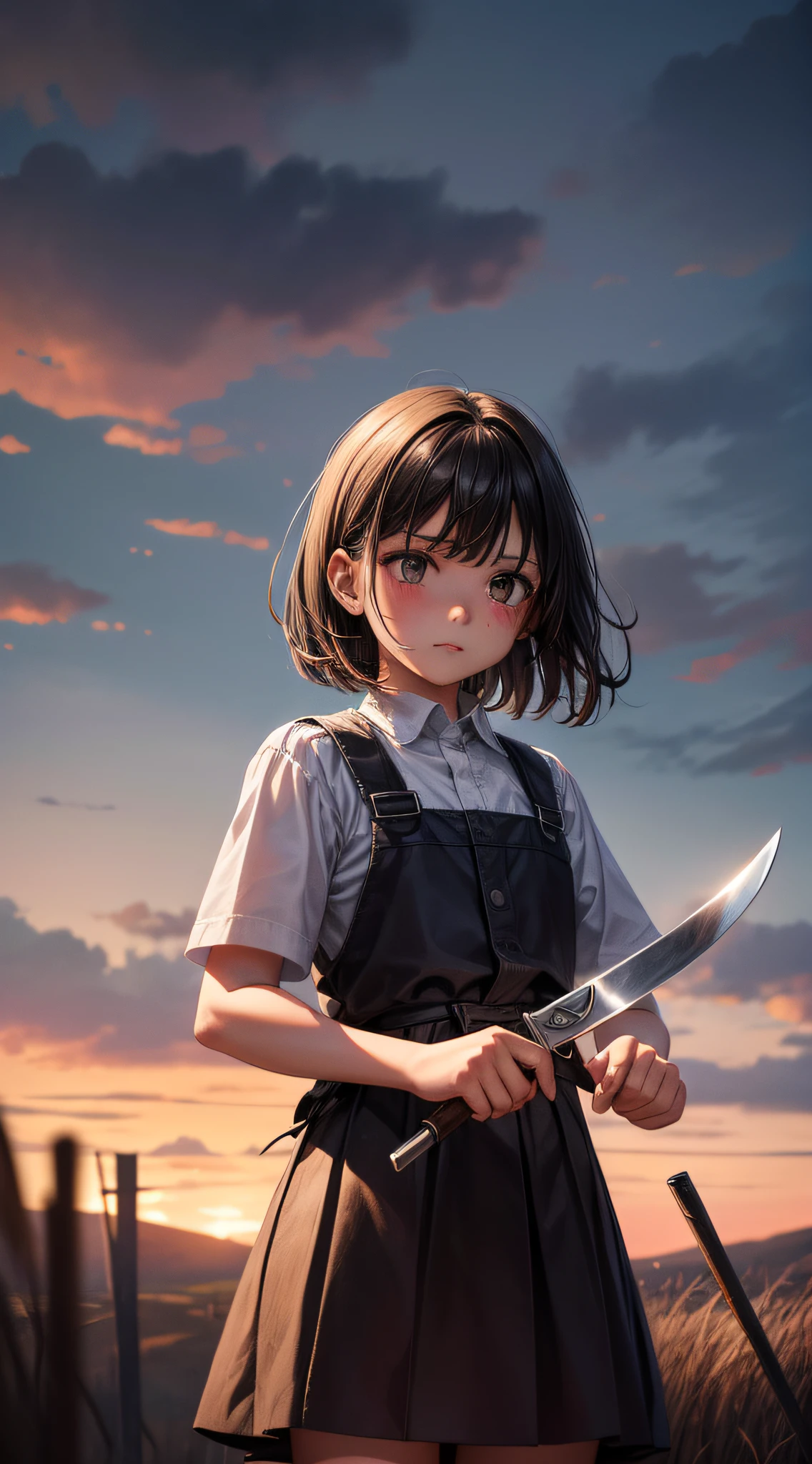 One ,With a knife in his hand,facing away,The knife dripped blood,Rural background