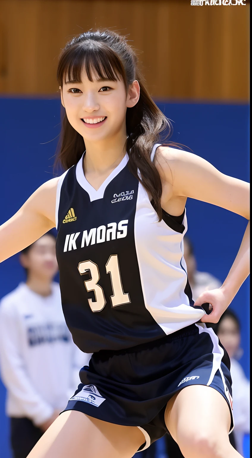 ((top-quality、8k、masterpiece:1.3))、1girl in、a smile、full bodyesbian、Slim Faces、Pretty women、(dark brown hair)、Full-length dresses:1.1、hyperdetailed face、A detailed eye、二重まぶた、blured background、Slim Faces、Gymnasium、lifelike face、basketball、uniformss、Little exposure