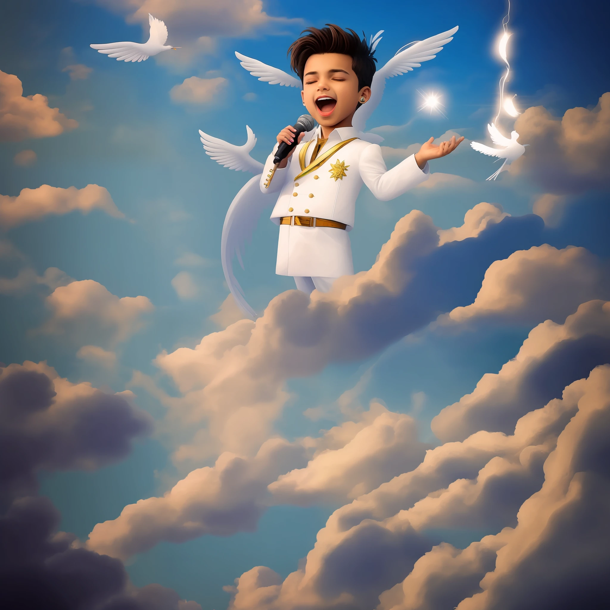 The famous Brazilian singer Gabriel Diniz is a singing angel floating among the clouds in the sky like divine angels, He has microphone in hand, extraordinary and beautiful archangel wings protruding from his back, asas iguais as do arcanjo gabriel, He's singing, Divinely angelic illumination arising and illuminating the singer, He is a modern angel and wears an extravagant coat with colorful flowers painted, casaco estilo anos 80, casaco aberto mostrando camiseta por dentro, roupas coloridas e chamativas, (colorfull:1.8), barba curta, Its color is at odds with the sky and clouds that are in light and angelic tones, o cantor traz cor e vida para o ceu, cores representam a alegria do cantor, imagem transmite a paz do ceu e a alegria do cantor, Small silhouettes of almost invisible little angels watch the singer's show in the sky, aparencia igual ao cantor gabriel diniz, Gabriel Diniz in Domingão do Faustão, GD, roupas semelhantes as de gabriel diniz no seu dvd em fernando de noronha, autor do hit jenifer foi a mais ouvida em plataformas digitais, arte com com detalhes absurdos, 8k