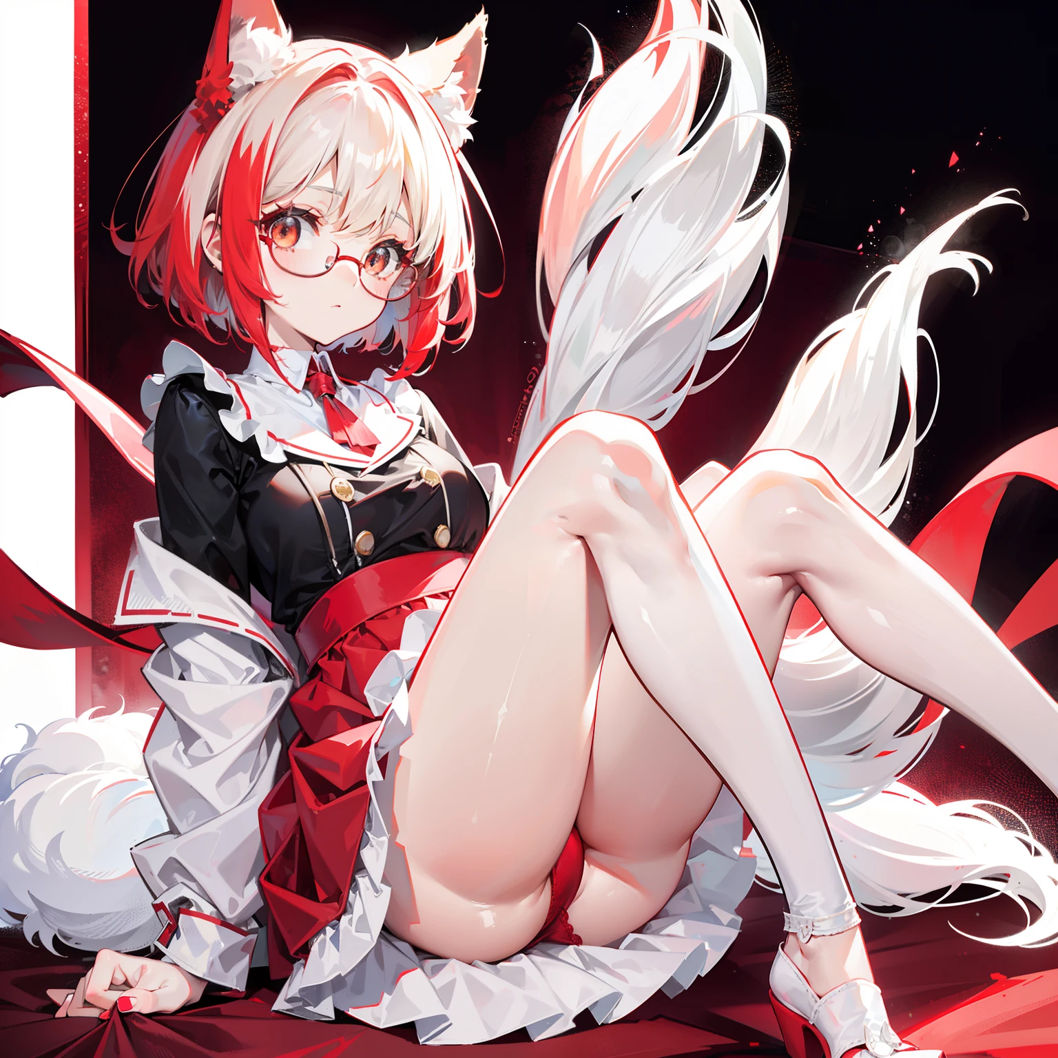 short detailed hair,Fluffy light red,Wear a white and red fluffy skirt,It has red fox ears,Black extra-thick-rimmed glasses,Wearing knee-length white silk,panties visible, This is a cute li girl
