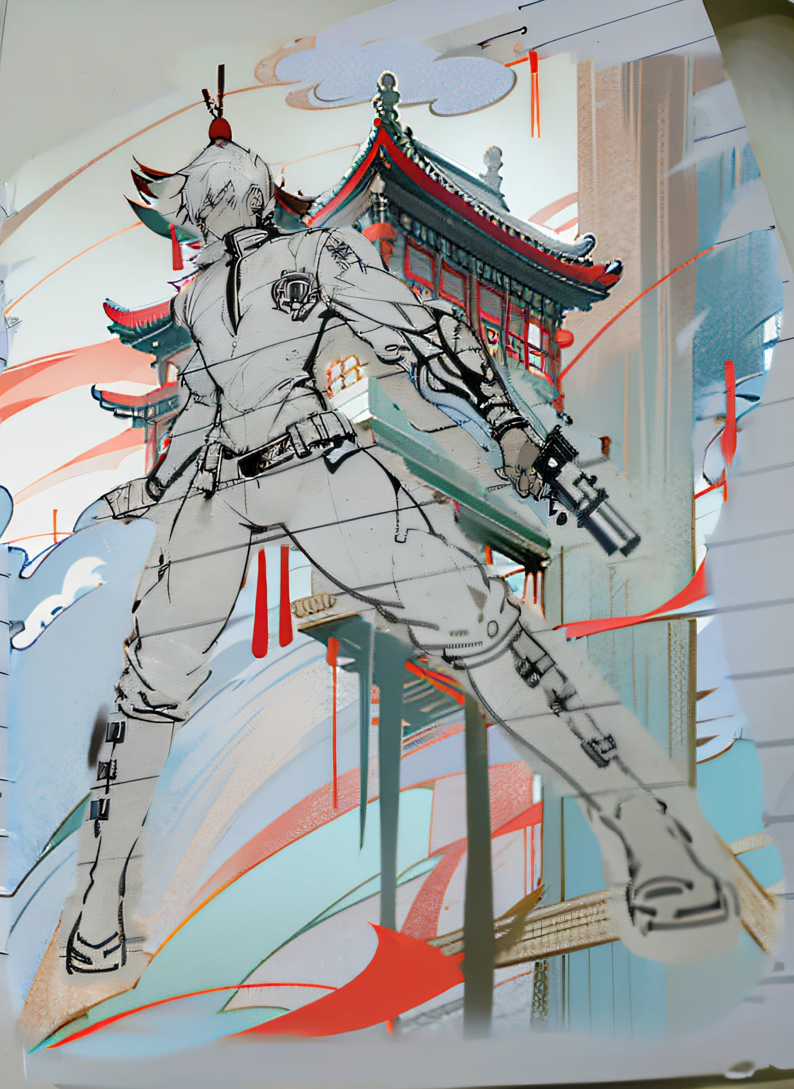 Background with:Ancient Chinese architecture,Wooden construction,Red dominant color,Incorporate elements of future technology。