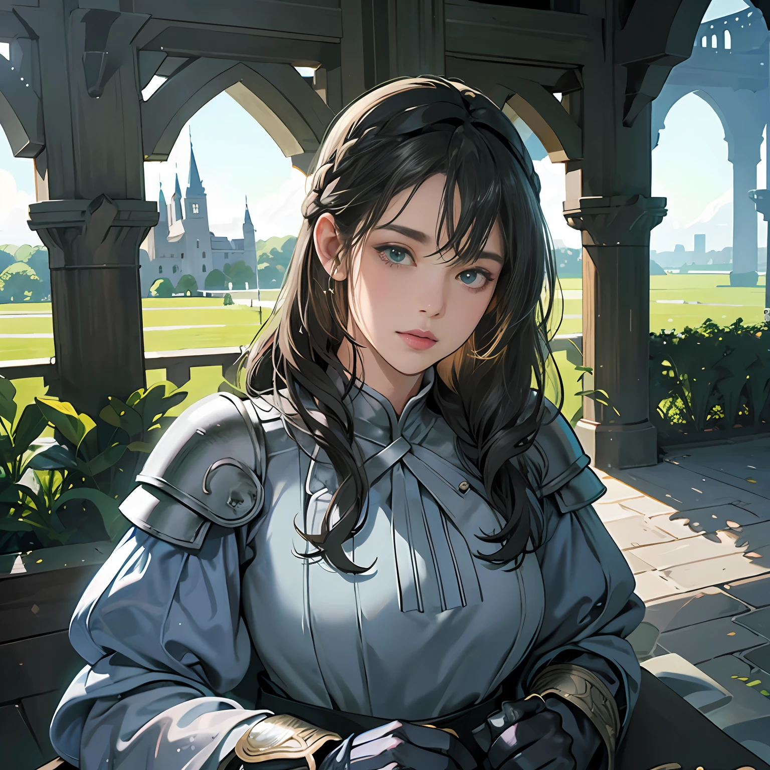 Women in Their 20s, Fantasia、offcial art, unity 8k wall paper, ultra-detailliert, beautifly、Aesthetic, masterpiece, top-quality, Photorealsitic, Castle Guard、Full Armor Knight:2.0、Sword of Steel:2.0、Black-silver armor:2.0、Black-silver breastplate:1.5、Knights、A dark-haired、bluish green eyes、Braided hair、Braids:1.5、depth of fields, Fantastic atmosphere, Calm palette, tranquil mood, Soft shading、Castle Gate、Rampart、Beautiful Landscapes、bbw、very large breast、plump figure