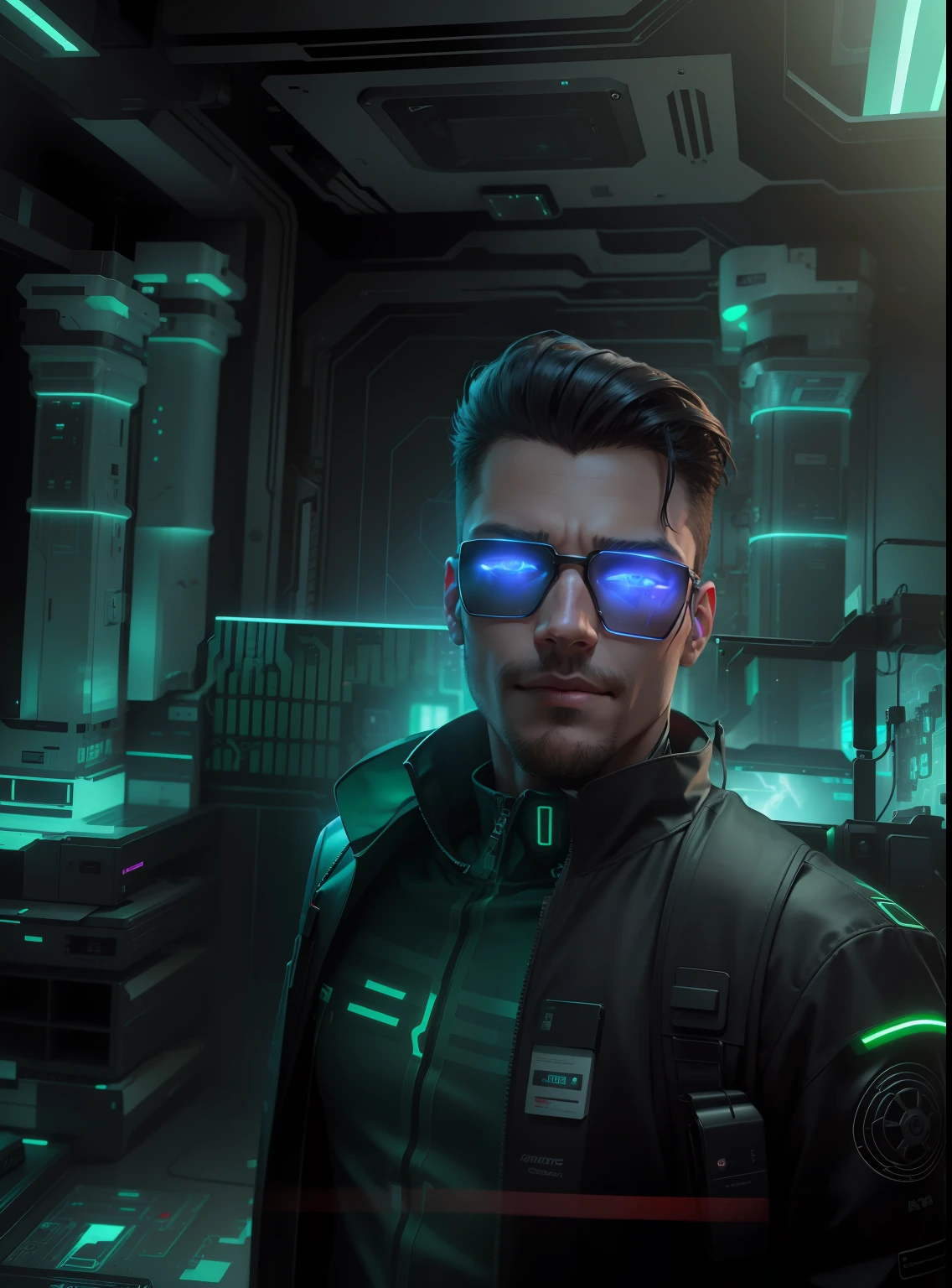 (absurd, intricate details, masterpiece, best quality, high resolution, 8k), 1 male, original face, quiff black hair, teary eyes, looking at viewer, solo, (full body: 0.6), detailed background, detailed face, (CircuitBoardAI, electronic theme:1.1) futuristic hacker of evil high tech, gamer, smile, advanced technology, hood, techwear, keycard, cables, (holographic display:1.05), error message, computer, password, gamer room in the background, green lights, cyber warfare, dark sinister atmosphere, depth of field, visual effects.