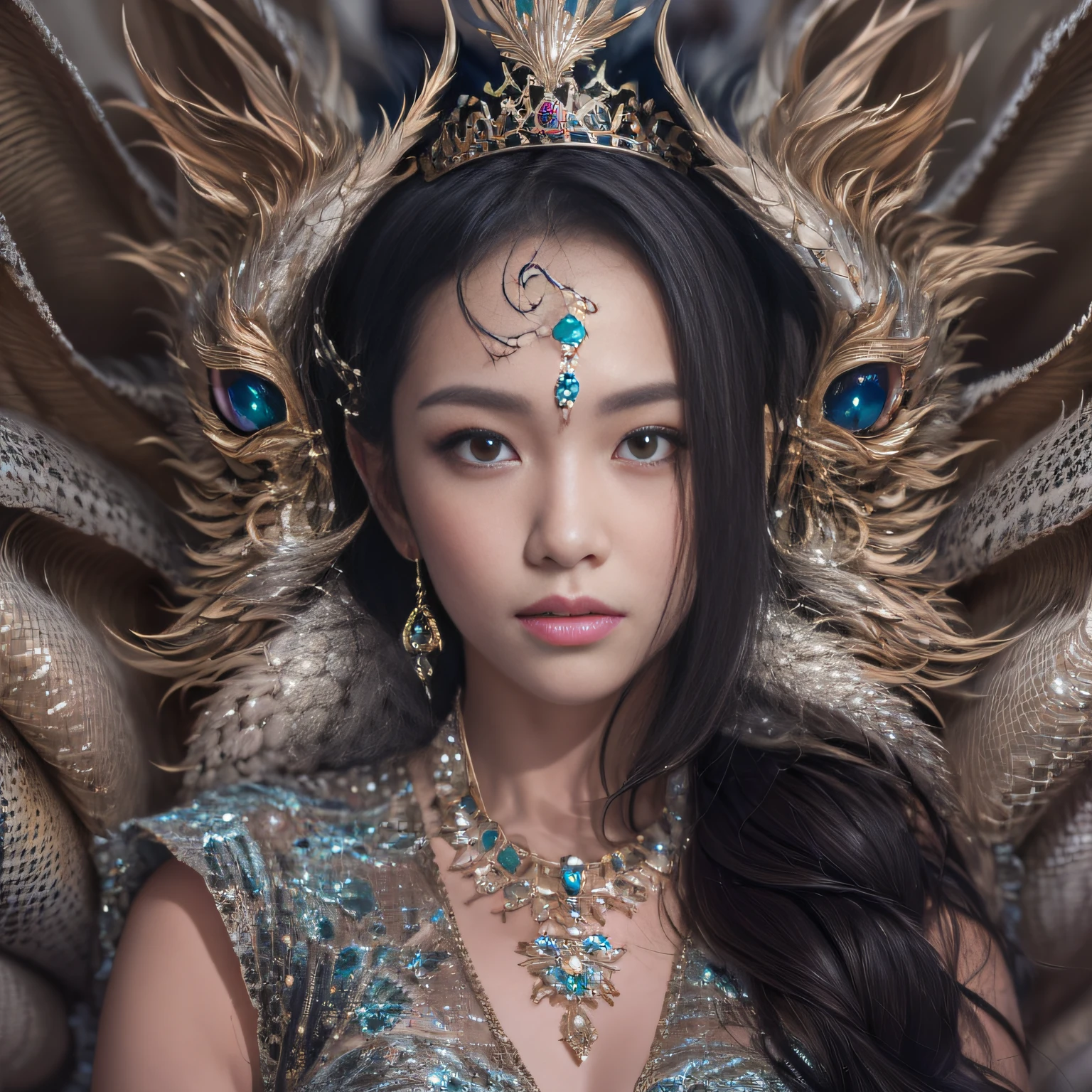 32k(tmasterpiece,k hd,hyper HD,32k)Long flowing black hair,Jewelry quarter in the back room,Brunette king girl ,Silver Dragon Protector (realisticlying:1.4),Python pattern robe,Purple-pink tiara,Snowflakes fluttering,The background is pure,Hold your head high,Be proud,The nostrils look at people, A high resolution, the detail, RAW photogr, Sharp Re, Nikon D850 Film Stock Photo by Jefferies Lee 4 Kodak Portra 400 Camera F1.6 shots, Rich colors, ultra-realistic vivid textures, Dramatic lighting, Unreal Engine Art Station Trend, cinestir 800,Hold your head high,Be proud,The nostrils look at people