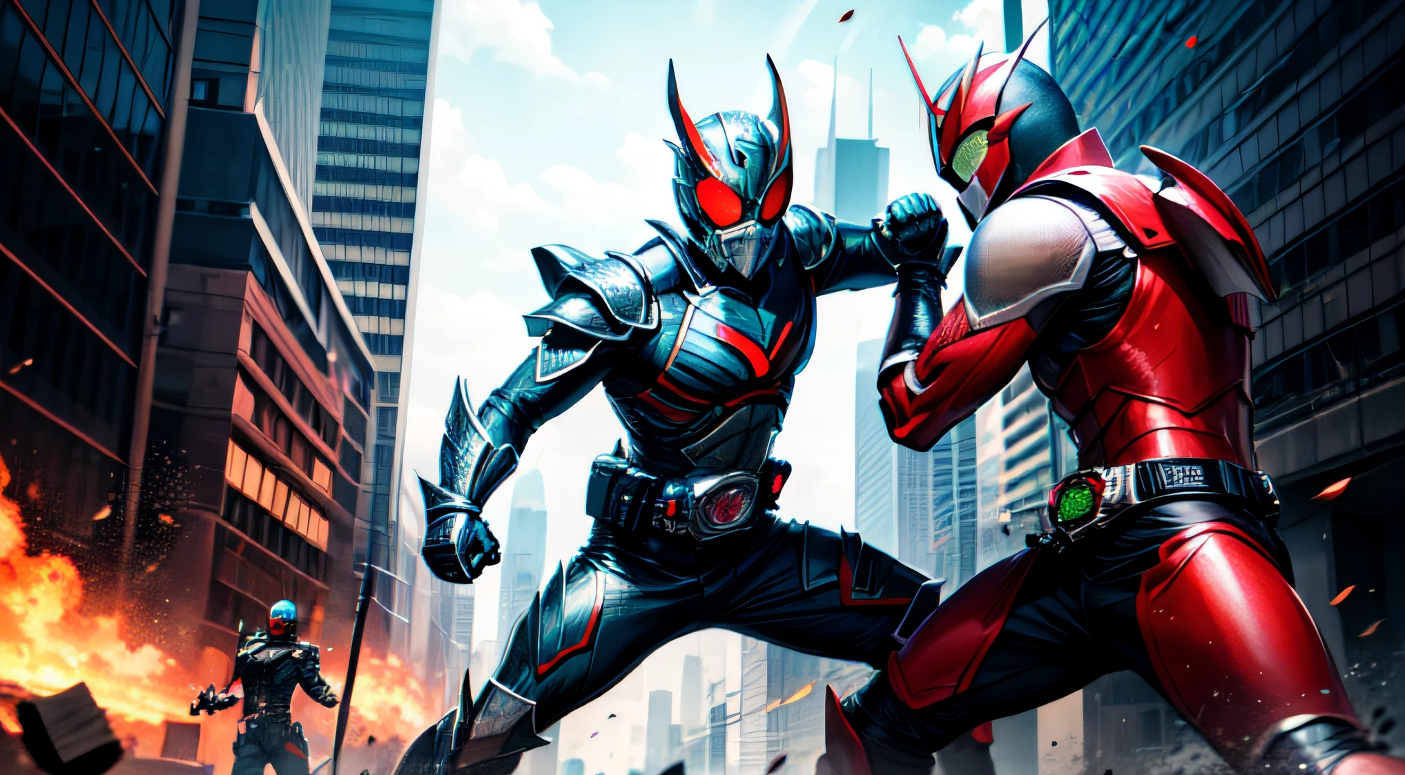 A man wears red high-tech armor and punches monsters,Urban ruined environment,Kamen Rider style,high high quality,High Picture Quality,A high resolution