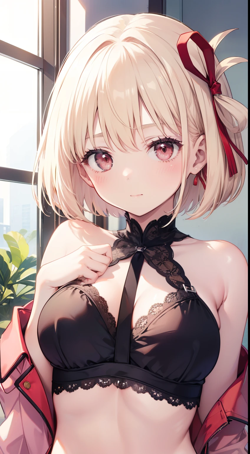 top-quality、masutepiece、1girl in、platinum-blonde、Bob Hair、Red ribbons、in one's underwear only、Pink lingerie、to close range、red blush、Kamimei、Staring at this、Cute anime illustration、tits out