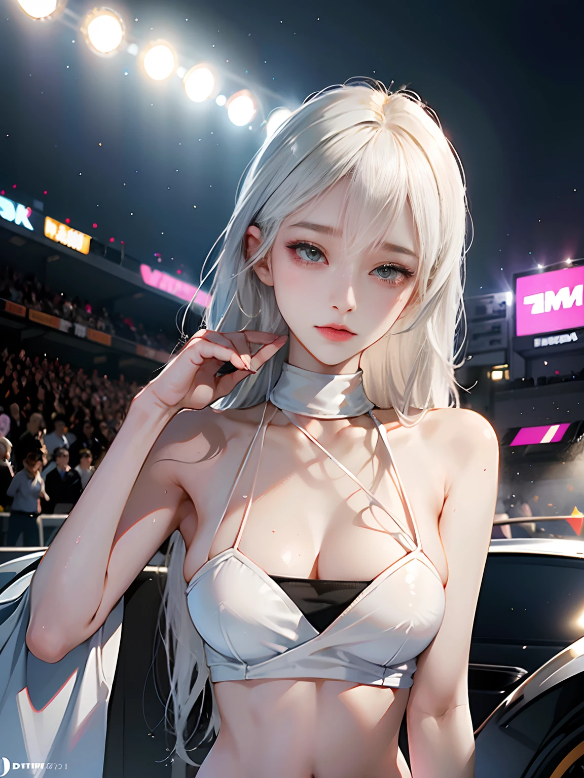 Unreal Engine 5 Realistic Rendering, cosplayer, Random Posing, Race Queen、Uniform with logo、 Exquisite beauty、Beautiful face, Body shape of slim model, Colossal tits, shiny, wet shiny body, short white hair, (((Beautie))), neons、Large crowds、audience、Forming an emperor、Drag racing、Midsommar Racing Circuit、racing car、Lower grade、Large crowds、Spectators、