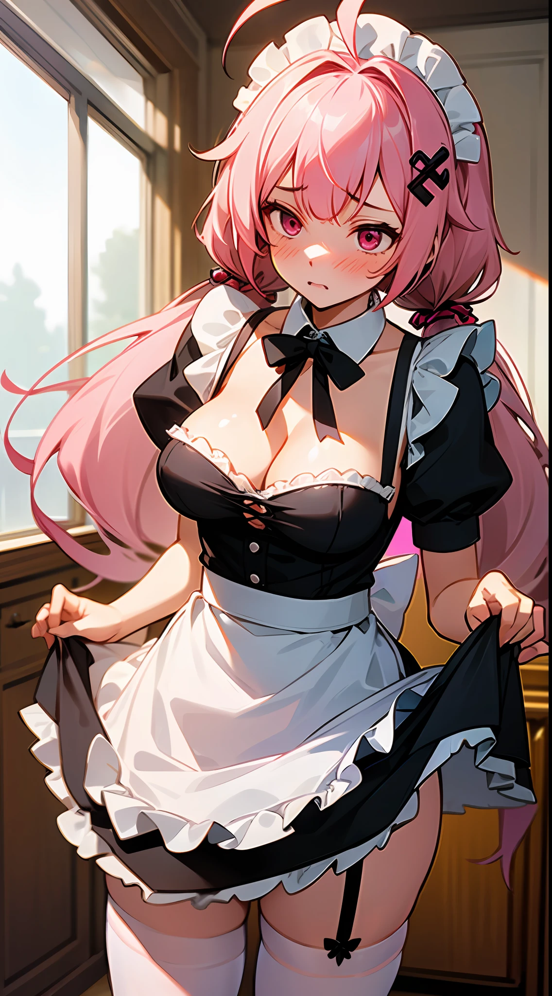 1 girl, game CG, frilly maid outfit, cleavage visible, short skirt lift, maid's hair ornament, maid's small apron, black garter belt, gigantic breasts, pink hair, long hair, low twintails, princess hairstyle, ahoge, pink eyes, embarrassed, indoors,