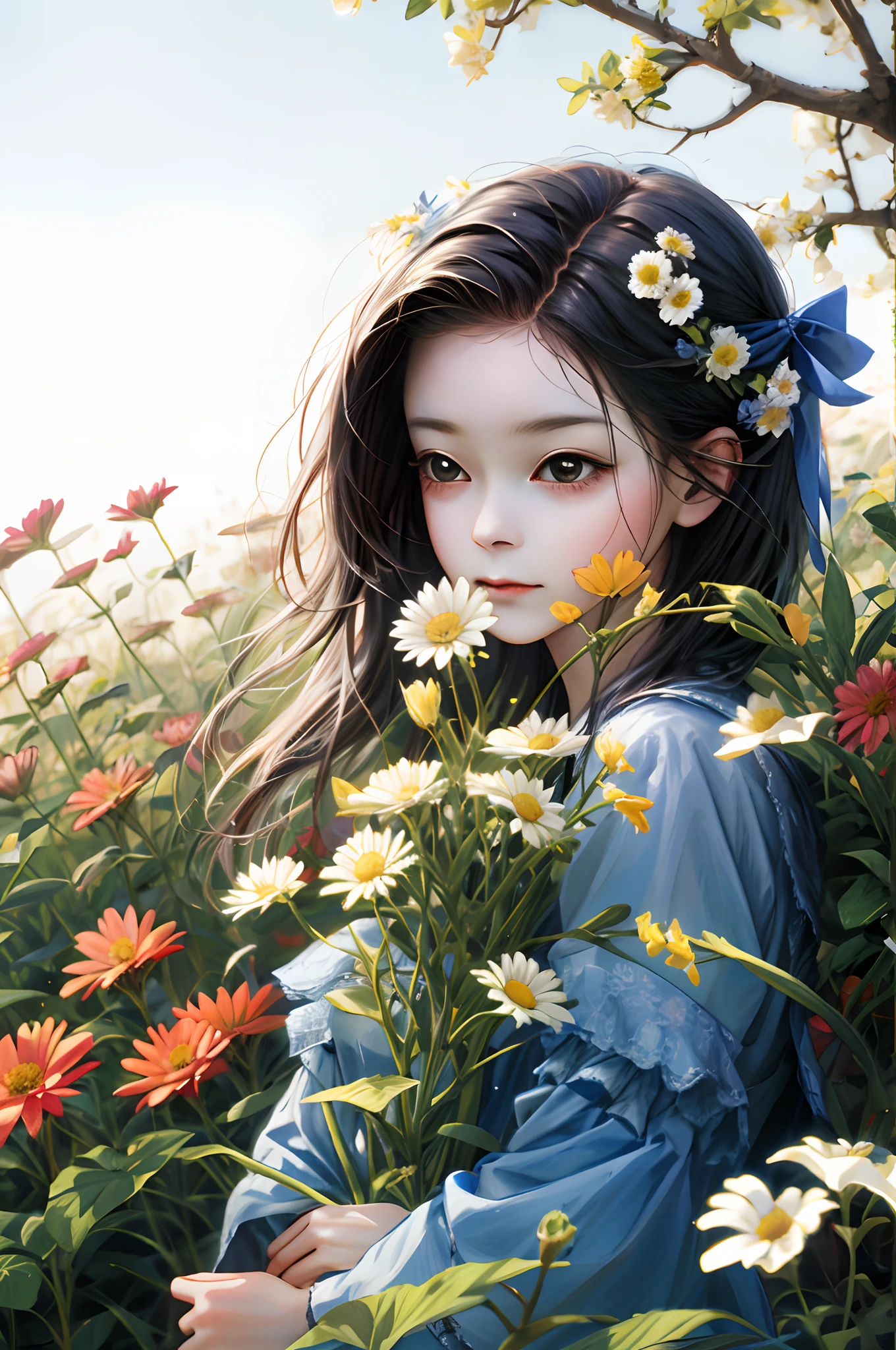 Girl in flowers，is shy，quadratic element，