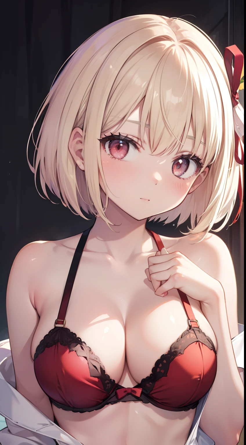 top-quality、masutepiece、1girl in、platinum-blonde、Bob Hair、Red ribbons、in one's underwear only、Pink lingerie、to close range、red blush、Kamimei、Staring at this、Cute anime illustration、tits out